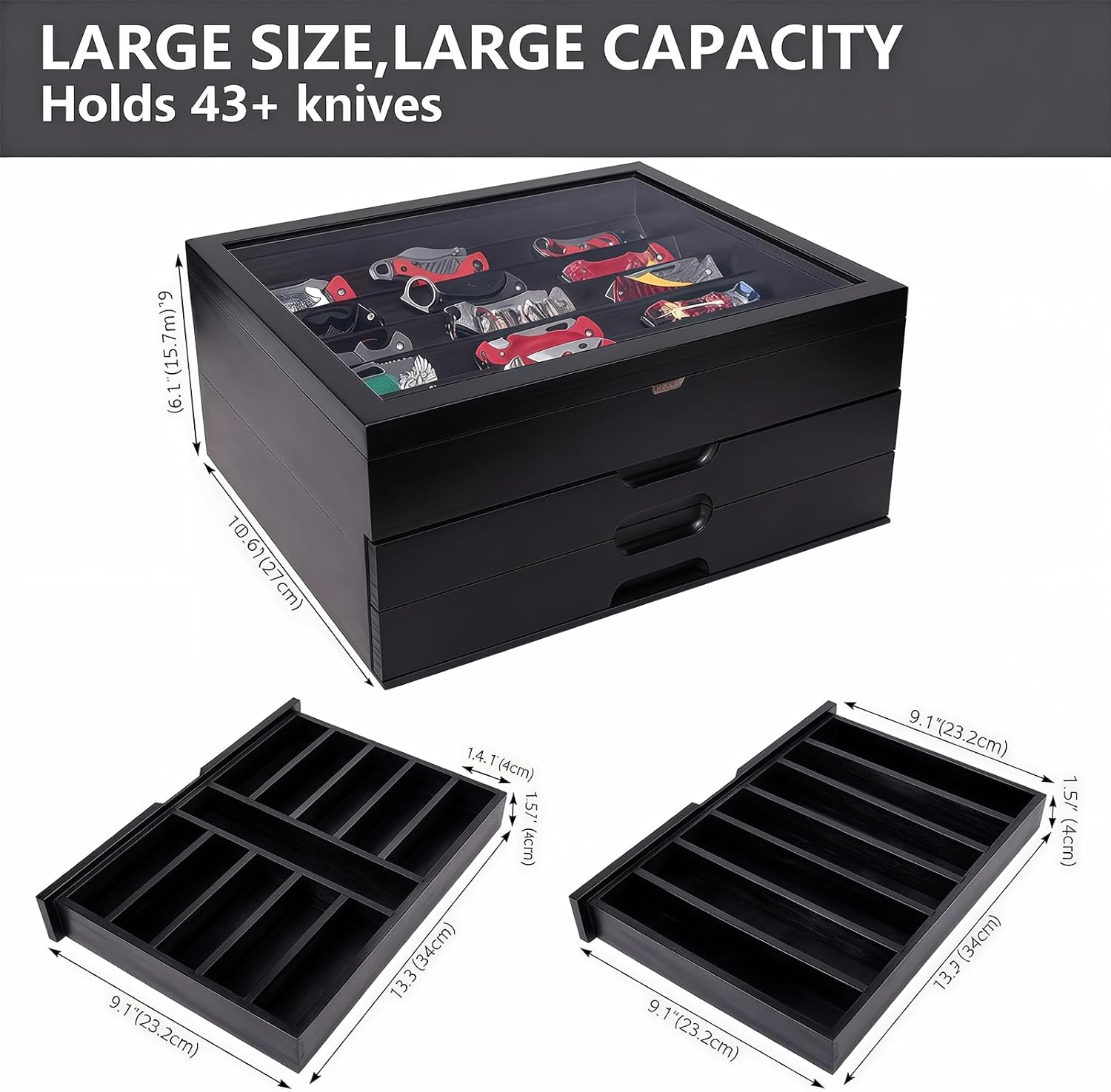 AUTOARK Knife Display Case Holds 43+ Knives,Large 3-Tier Wooden Organizer with Glass Top and Drawer,Gift for Men,Black,AHK-074