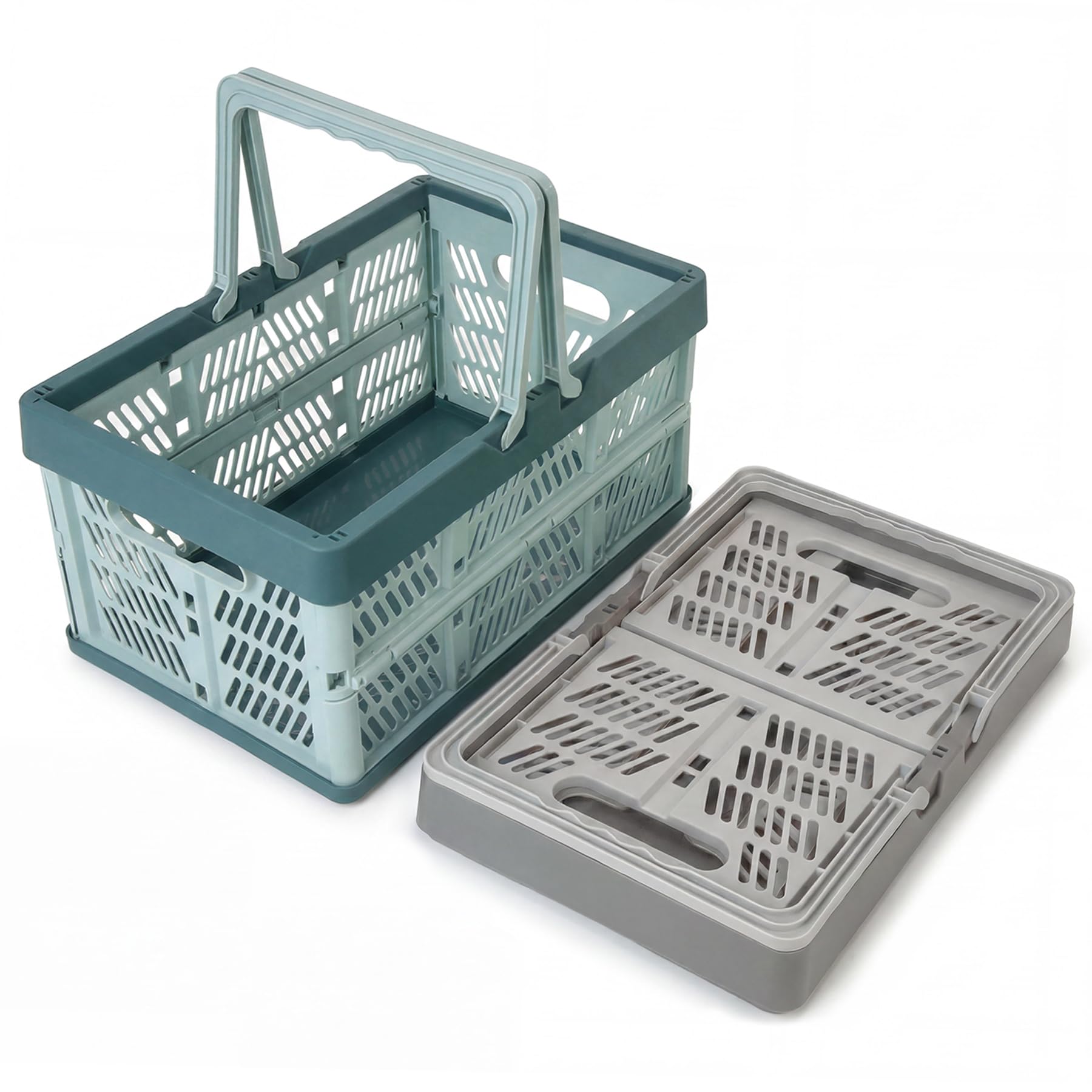 Brezento 2 Pcs Folding Crates Storage Boxes with Handles, 38x25x20cm Collapsible Shopping Baskets Foldable Storage Crates for Home Office(Grey + Blue)