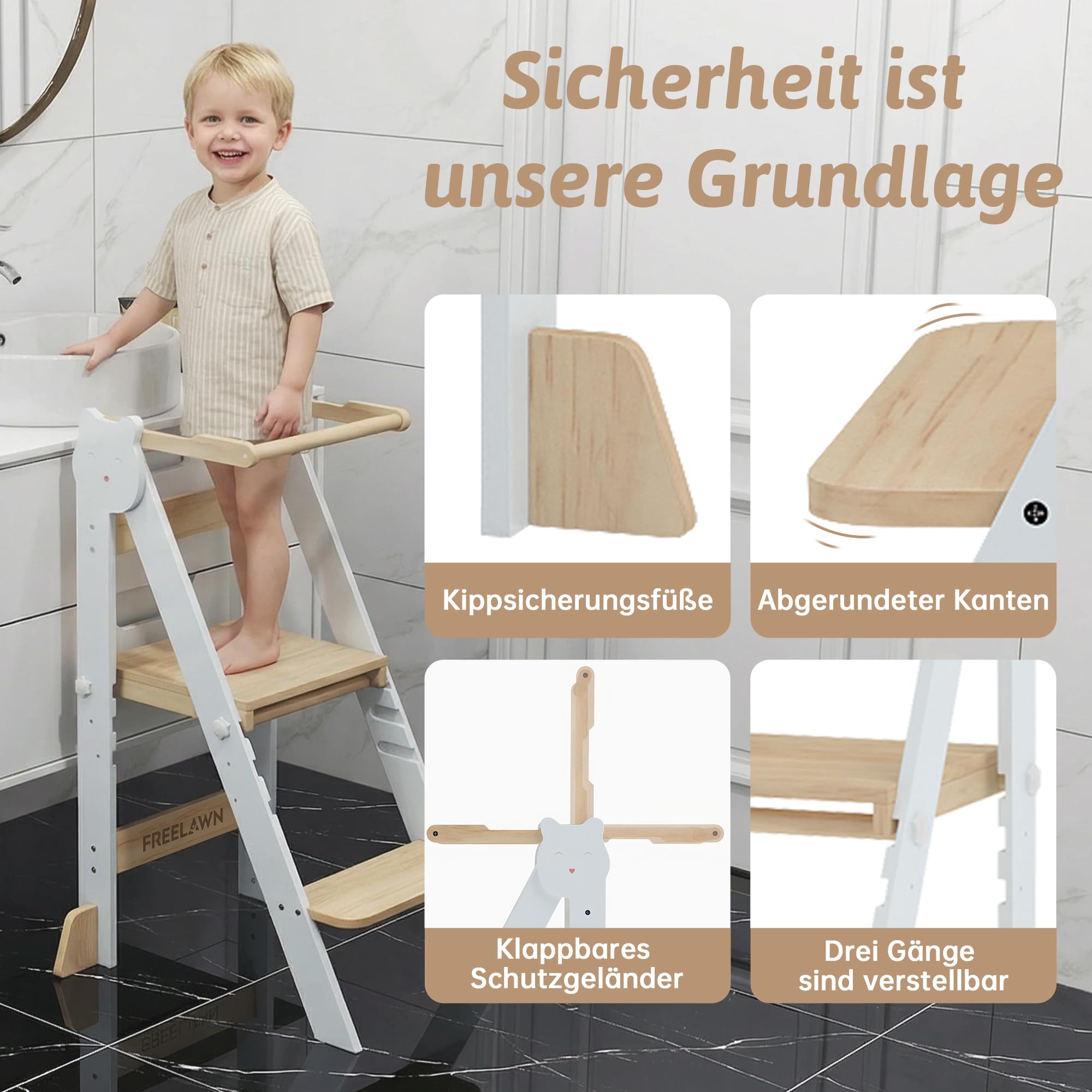 Lernturm Klappbar & 3-Fach Höhenverstellbar - Kippsicherer Learning Tower aus Kiefernholz - Mitwachsender Trittschemel für Kinder (1-5 Jahre) - Stabiler Küchenhelfer & Entdeckerturm (Weiß)