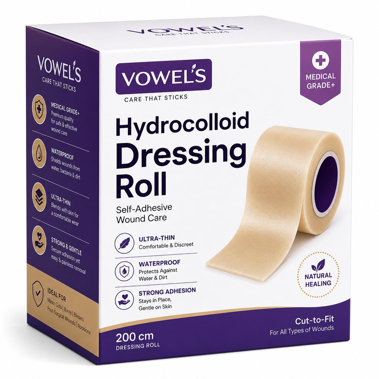 VOWEL'S Hydrocolloid Dressing Roll | Cut-to-Fit Waterproof Wound Care Tape | Transparent Self-Adhesive Hydrocolloid Bandage | Ultra Thin, Breathable, Medical Grade Dressing for Cuts, Burns, Blisters, Scrapes & Post-Surgical Wounds-image-2