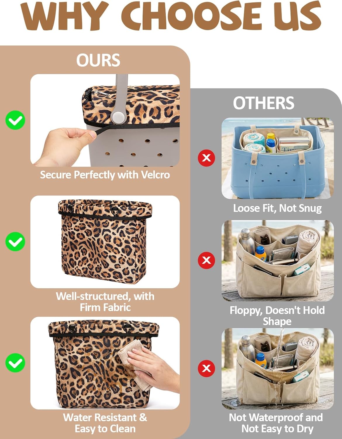 Nyton Organizer Insert Only Compatible with Bogg Bag Original Medium, Beach Bag Organizer with Zipper Lid (Leopard, Medium)