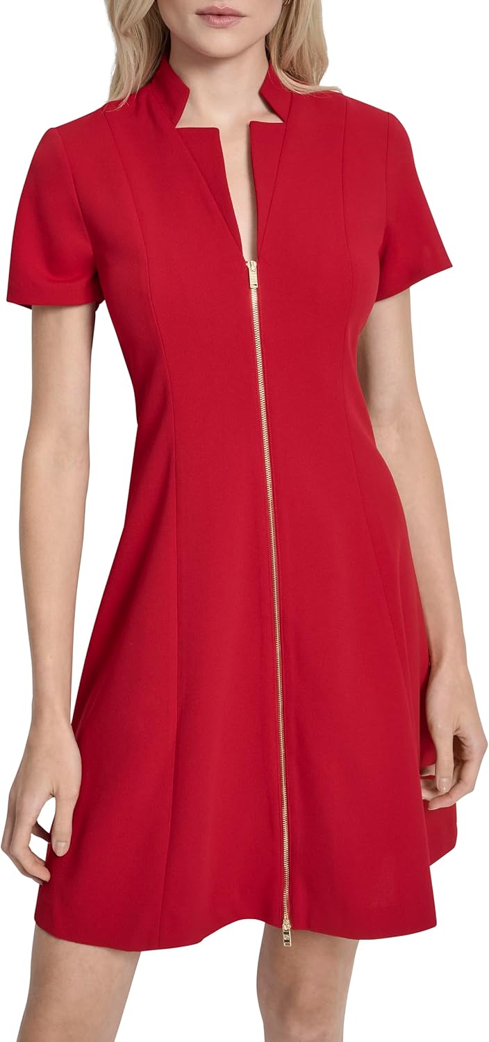 DKNY Womens Short Sleeve V-Neck Zipper Front Scuba Crepe Mini Dress