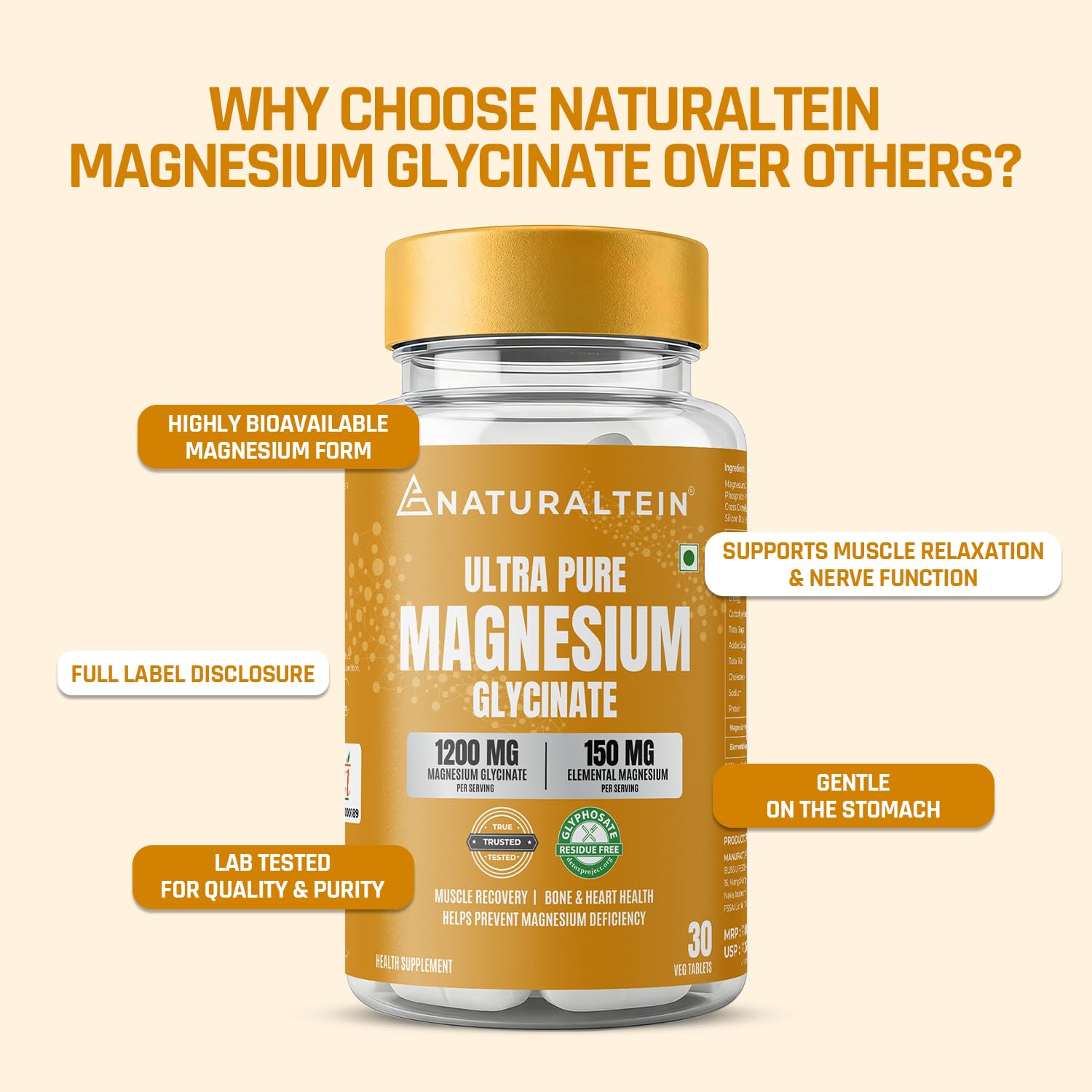 Naturaltein Magnesium Glycinate 1200mg (150mg Elemental) | Chelated High Absorption Magnesium | Supports Sleep Quality & Normal Muscle Function | Glyphosate Tested | 30 Tablets 2
