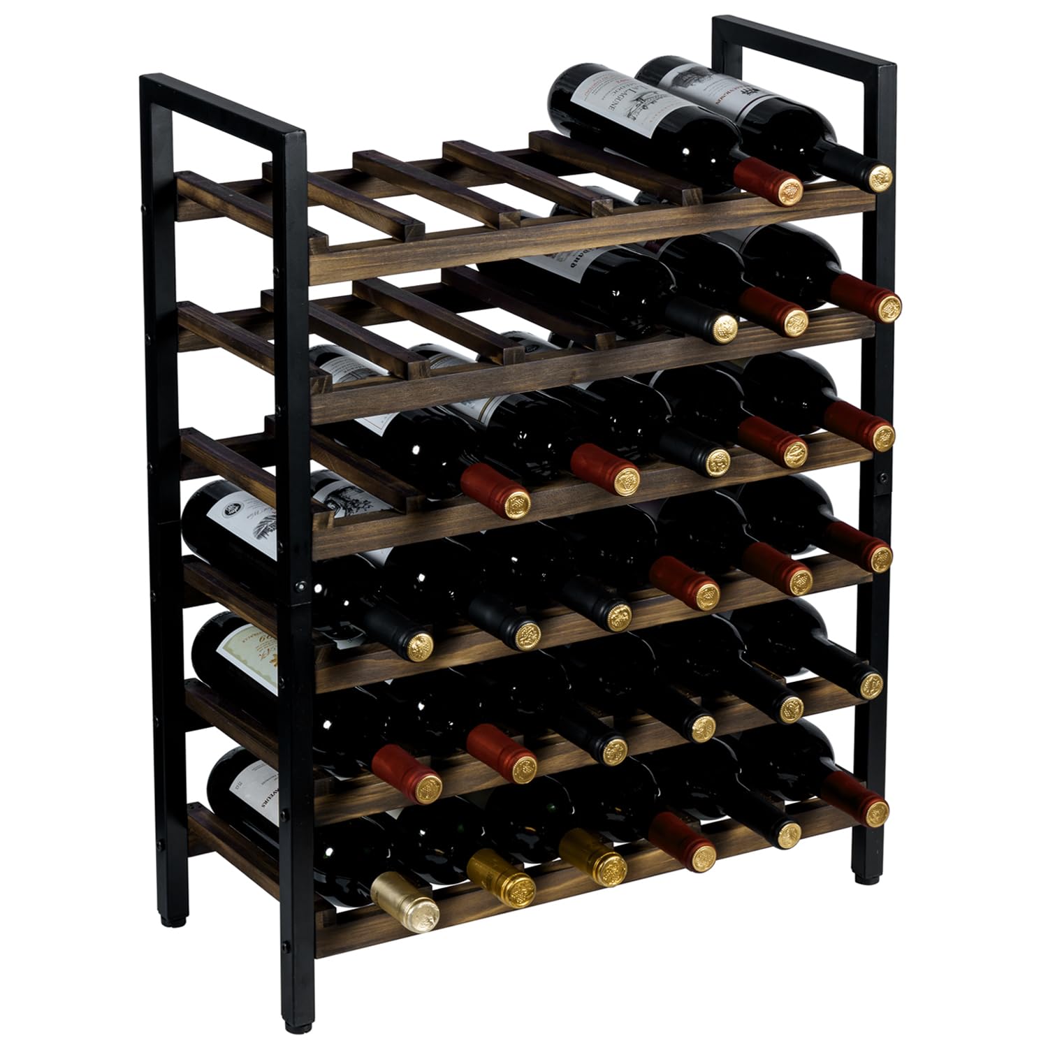 MyGift 6 Tier Modern Freestanding Wine Bottle Holder Storage Rack in Rustic Burnt Solid Wood and Industrial Matte Black Metal Frame, Holds up to 36 Bottles