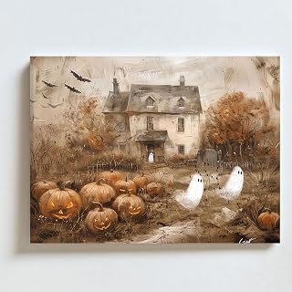 Halloween Haunted House Canvas Wall Art – Spooky Pumpkin Ghost Painting for Halloween Decorations – Vintage Horror Style Artwork for Living Room, Bedroom, Entryway 12x16inch-Unframed