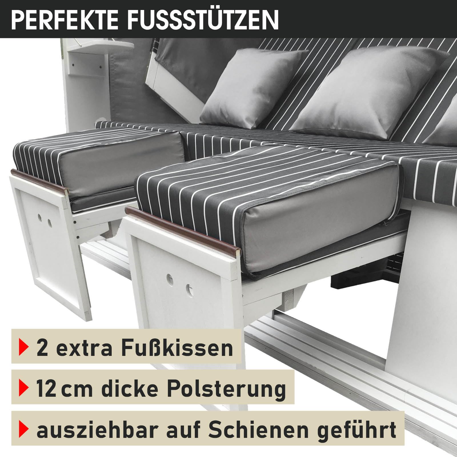 BRAST® Strandkorb Usedom 3-Sitzer XXL für 2-3 Personen | 165cm breit | 5 Designs | inkl. wetterfeste Abdeckhaube | verstellbare Rückenlehne Fußkissen | Anthrazit/Grau - gestreift