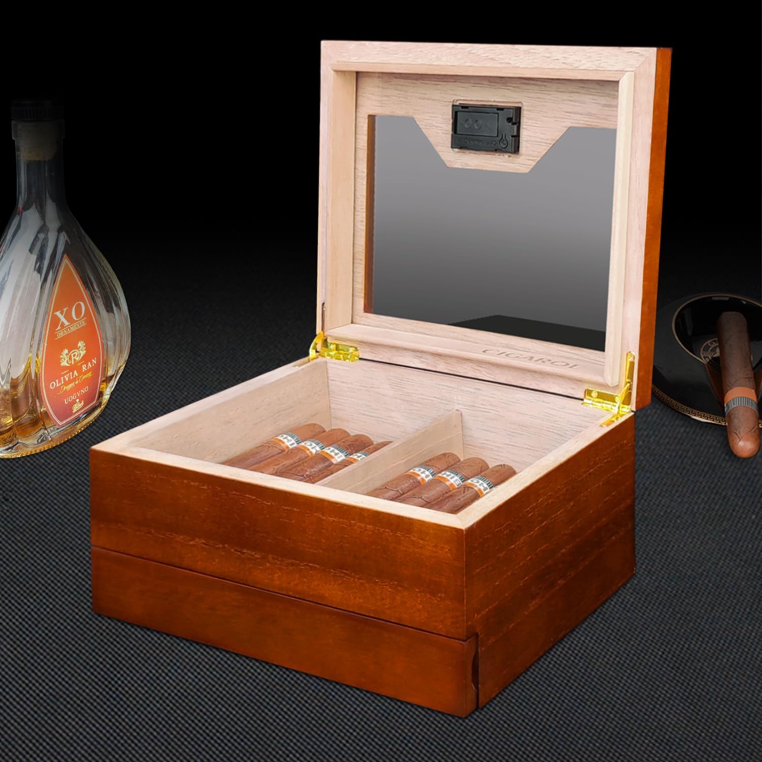 Zigarrenhumidor aus Zedernholz mit Hygrometer & Luftbefeuchter – Für 25-30 Zigarren mit Zubehörschublade, Kirschrotholzkorn