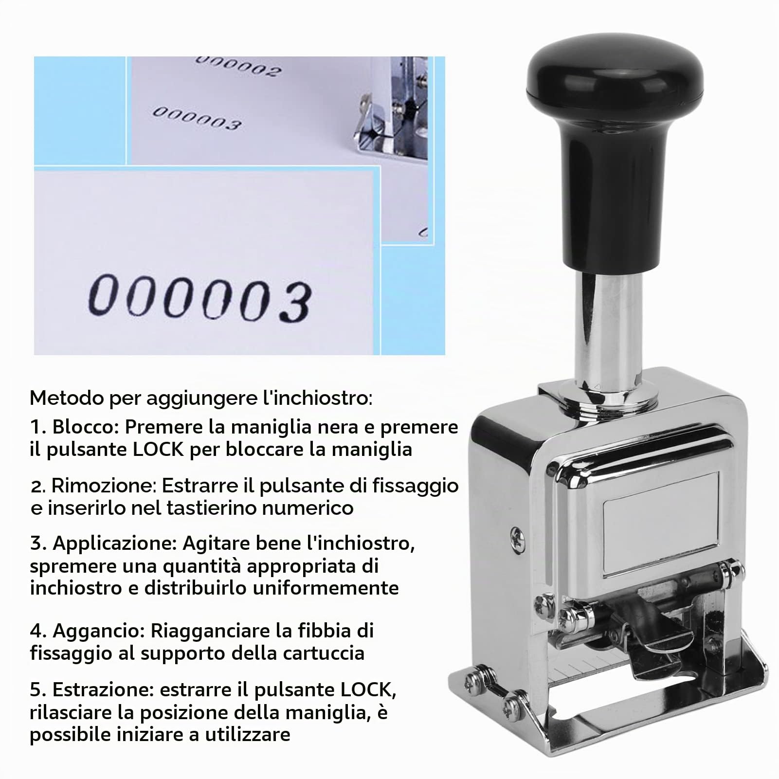 Timbro Numerico Autoinchiostrante, Numeratore Automatico a 5 Cifre, Numeratrice Professionale in Lega di Zinco con Inchiostro per Numeri di Identificazione di Documenti, Biglietti, Data