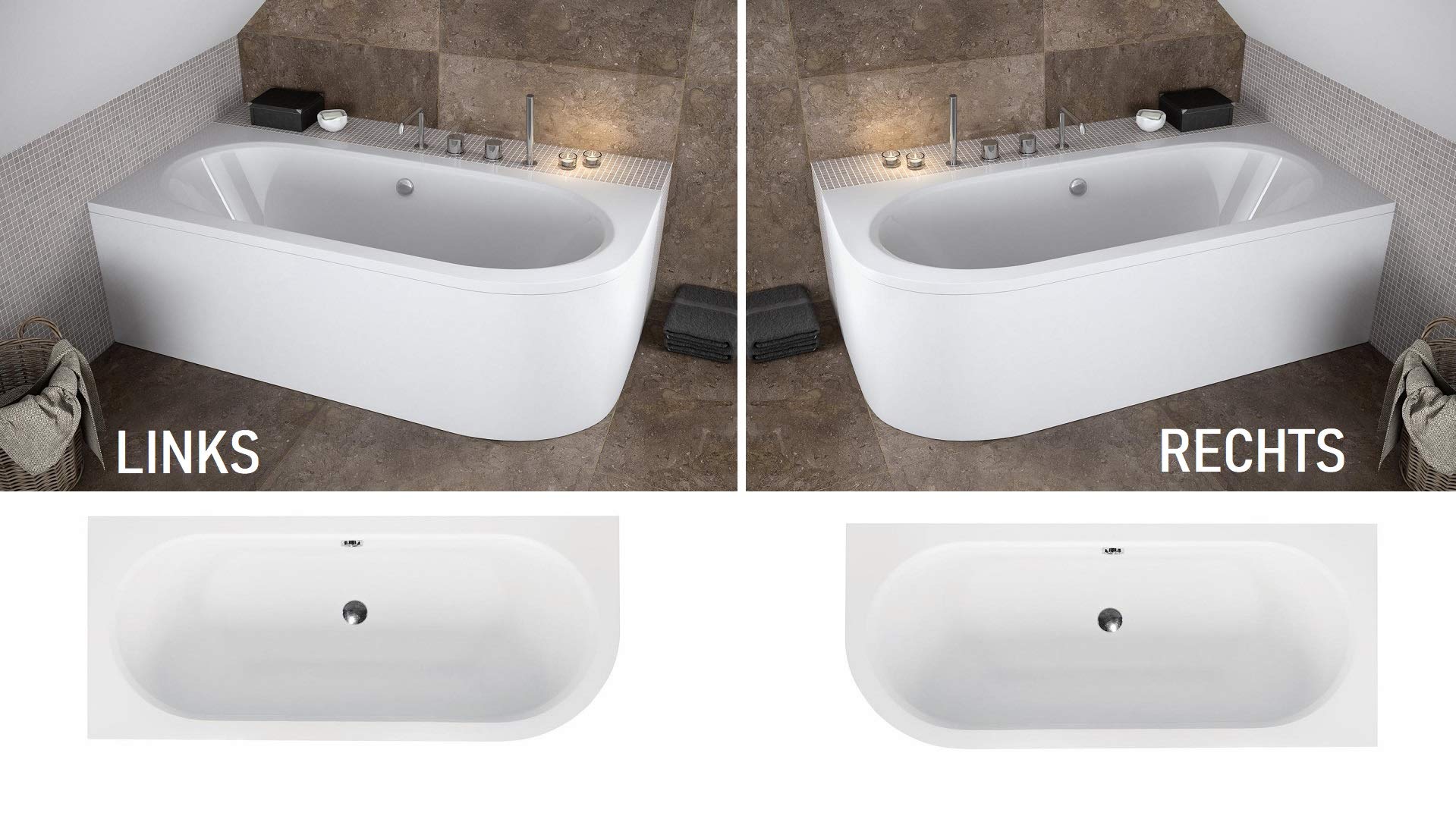 BADLAND Baignoire Originale D'angle 170 x 75 cm Gauche en Acrylique - Kit Complet Avec Tablier, Siphon, Design Moderne, Bonde Chromée, Pour 2 Personnes