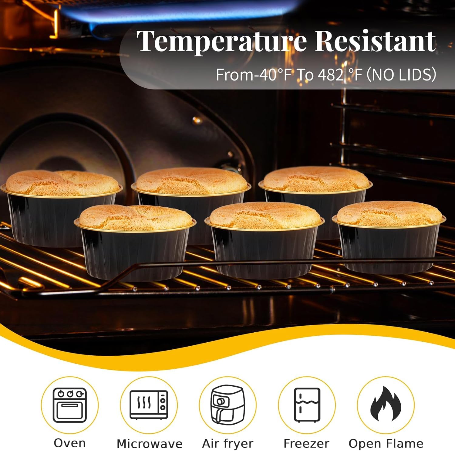 KAHEIGN 50 Pezzi Mini Teglie per Pane con Coperchi e Cucchiai, 150ml Pentole Rotonde in Foglio di Alluminio con Adesivo Sigillante per Pane Torta Nozze Compleanno Picnic Festa (Oro Nero)