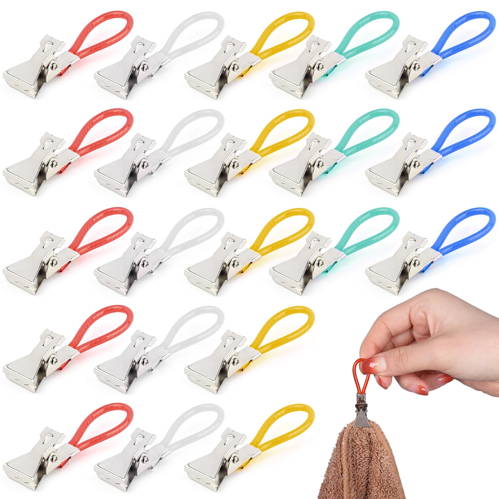 Pasdrucn 50 pcs Tea Towel Holders, Sturdy Hanging Clips Tea Towel Holders, 5 Colors Metal Towel Clips, Storage Clips for Hanging Tea Towel Beach Towel Bath Towel
