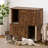 Garvee Double Layer Cat Litter Box Furniture, 2 in 1 Hidden Litter Box Furniture with Scratching Post and Litter Mats, Wooden Corner Cabinet Cat Washroom Bed