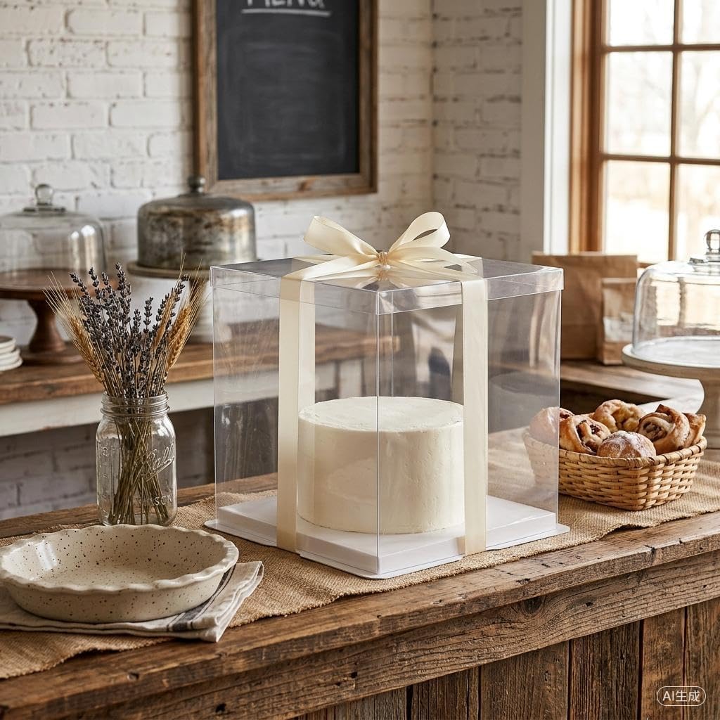 30 Pack 10 Inch Clear Cake Boxes - Bulk Premium PET Tall Cake Containers with Ribbon and White Base, Disposable Cake Carrier for Commercial Bakers