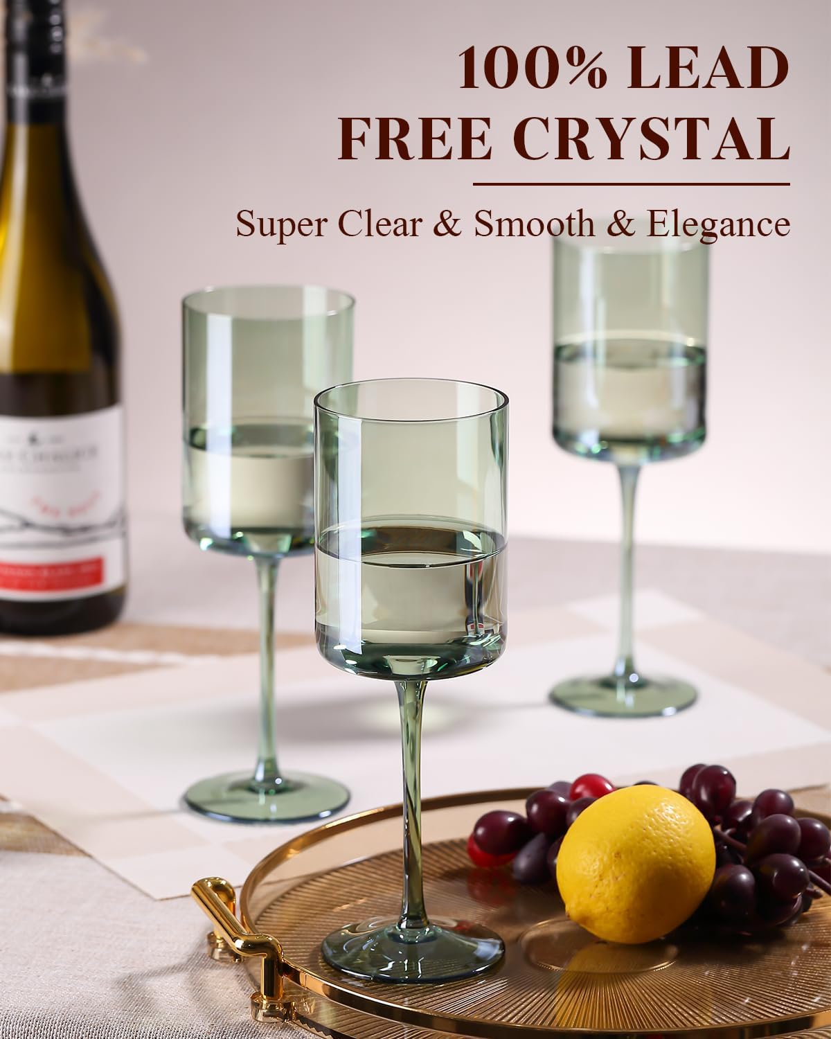 Green Square Wine Glasses Set of 6 - Hand Blown, Colorful With Tall Long Stems, Modern Set for All Occasions - 14oz - Image 2