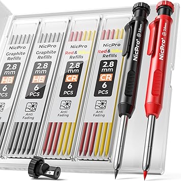 Nicpro Carpenter Pencil with Sharpener, Mechanical Pencils Set with 26 Refills, Deep Hole Marker for Construction, Heavy Duty Woodworking Tools for Architect (Black, Red) - With Case