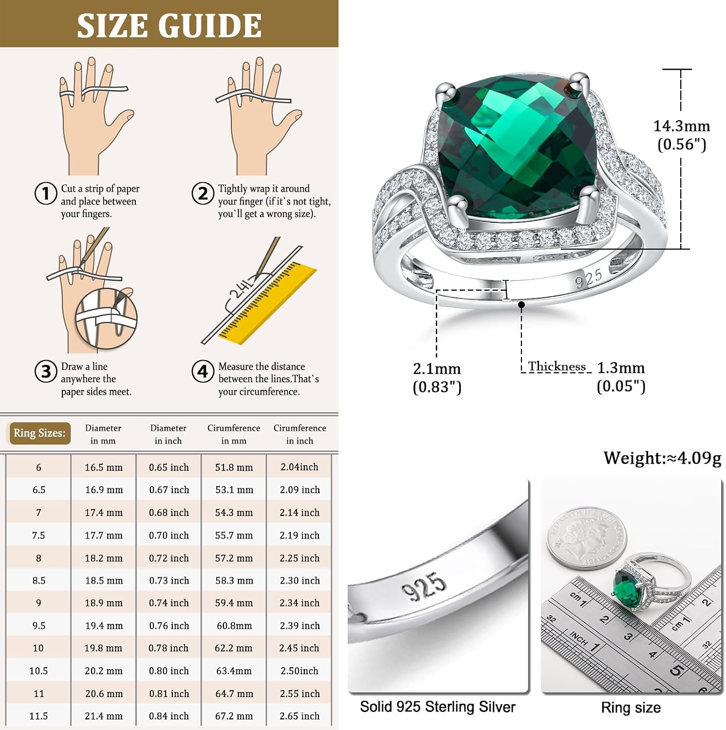 Emerald/Sapphire/Ruby/Tourmaline Rings for Women, 925 Sterling Silver Gemstone Engagement Anniversary Ring Big 6.5-8.5 Carat Birthstone Ring, Size 6 to 10 (Send Gift Box)
