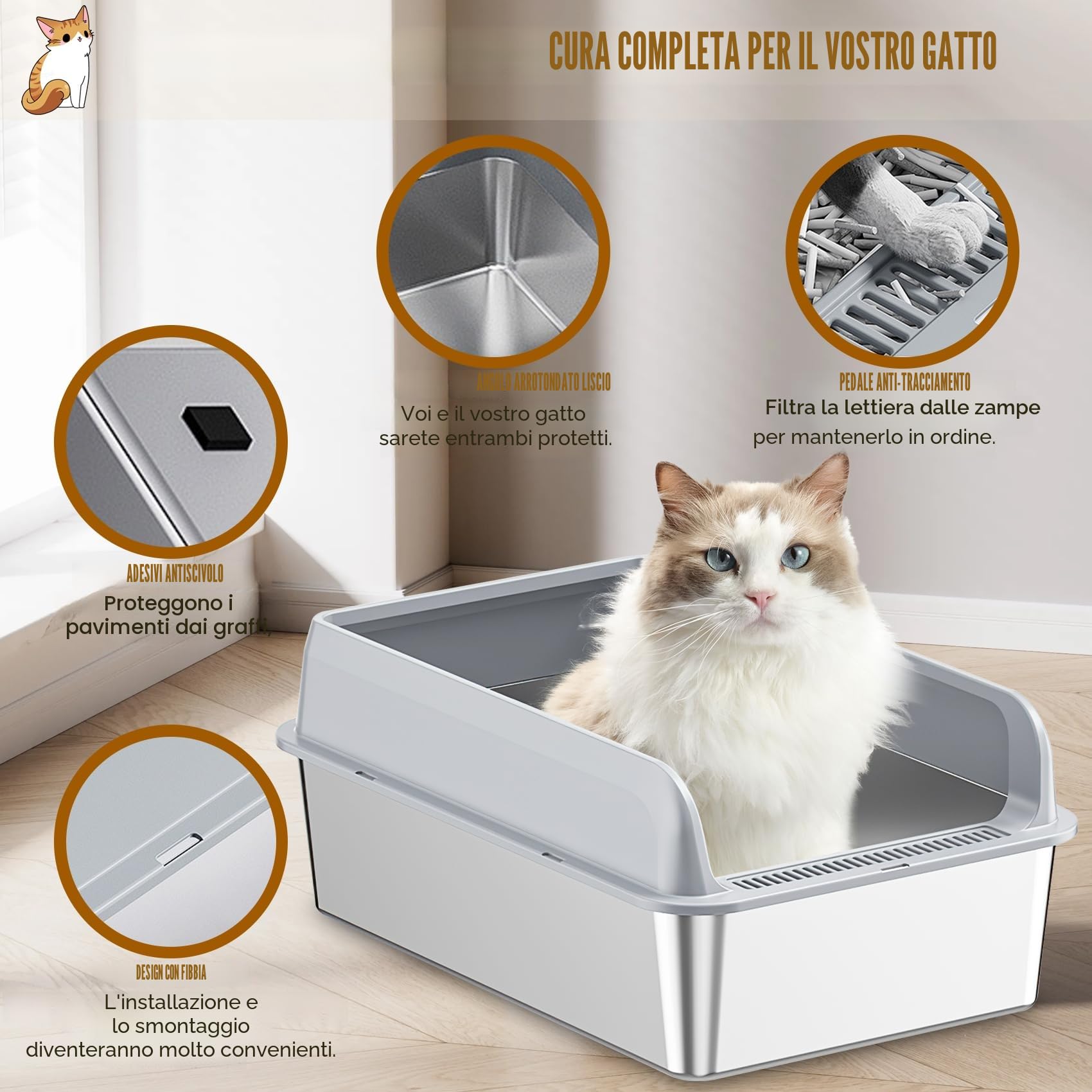Lettiera per Gatti in Acciaio Inox, Grande, A Prova di Perdite, Facile da Pulire, Con Paletta e Tappetino, 50 x 35 x 20 cm
