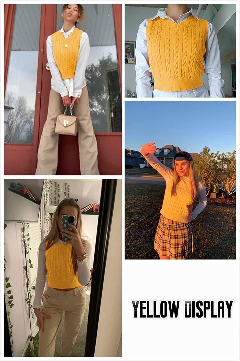 Lailezou Women's V-Neck Knit Sweater Vest Solid Color Argyle Plaid Preppy Style Sleeveless Crop Knit Vest
