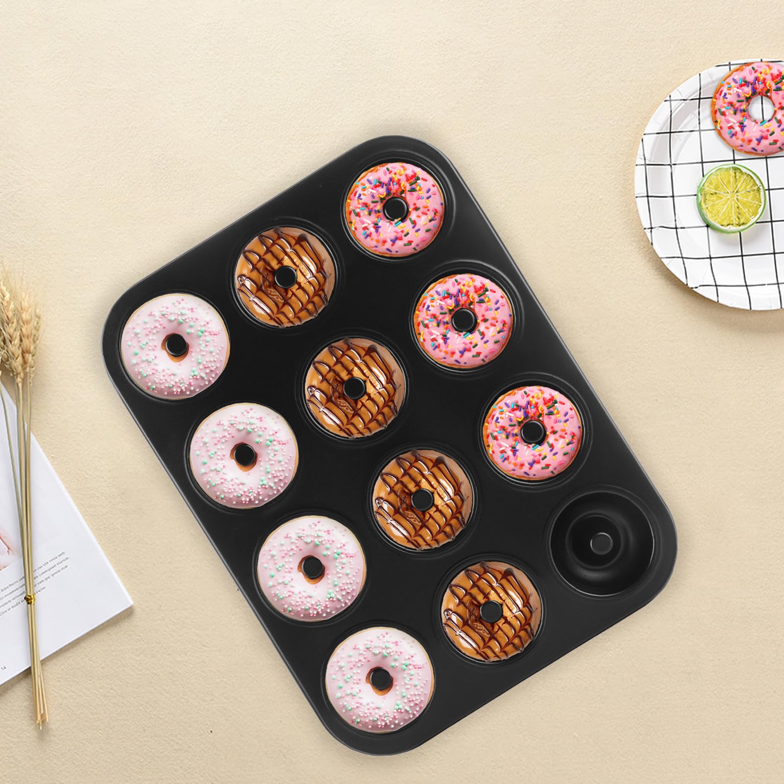 RHBLME Donut-Pfanne, 12 Mulden, Donut-Pfanne zum Backen, 35,6 x 26,4 cm, antihaftbeschichtete Donut-Pfanne, Karbonstahl, Donut-Tabletts zum Backen für Bagels und Kuchen-Donuts, ofenfest,