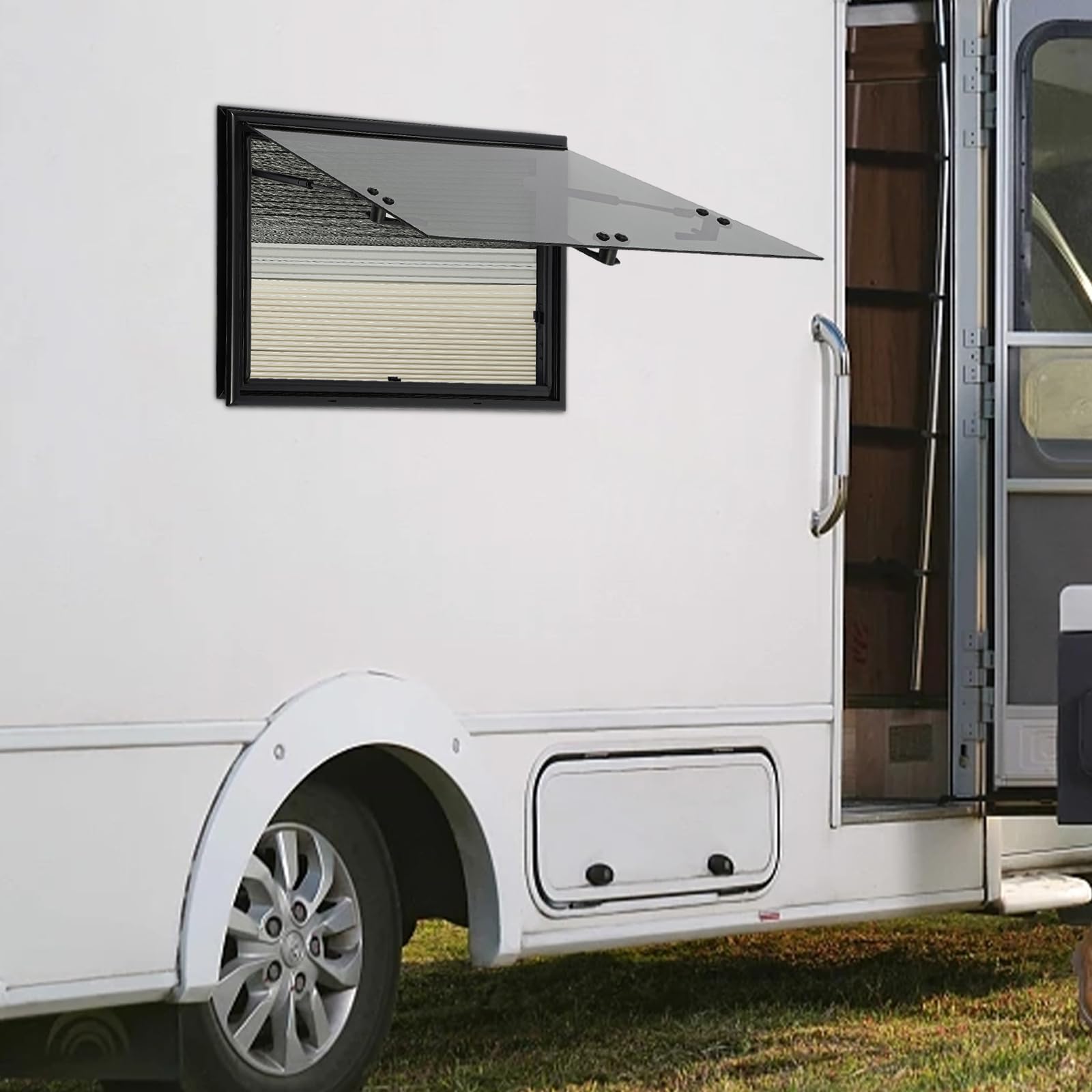 Fenêtre Basculante Pour Camping-car 700x450 Mm - Avec Moustiquaire Et Occultant - Blanc/Noir - Pour Caravane, Fourgon Aménagé