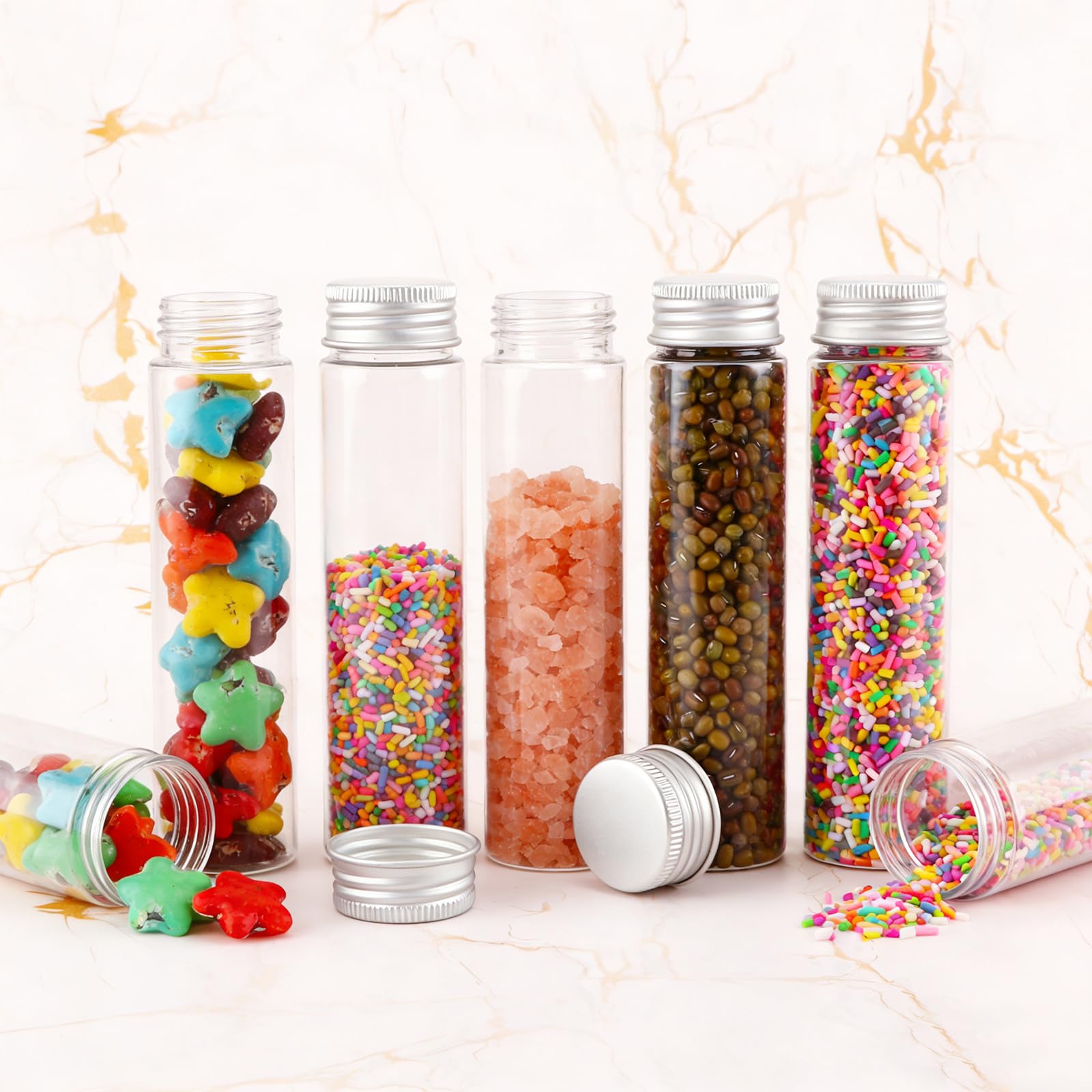 Lot de 36 tubes à essai avec bouchon à vis - 80 ml - Tubes à essai avec couvercle transparent - En plastique - Pour fleurs, bonbons, perles, plantes, sels de bain réutilisables