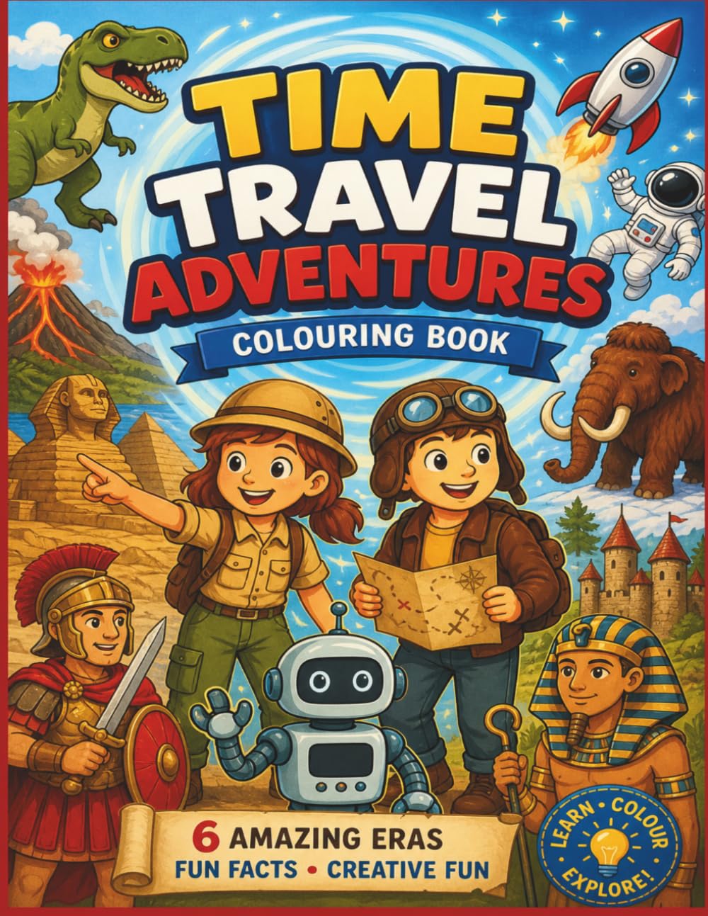 Time Travel Colouring Book: A Fun History Adventure for Kids Ages 6–9 | Dinosaurs, Ancient Egypt, Rome, Castles & The Future