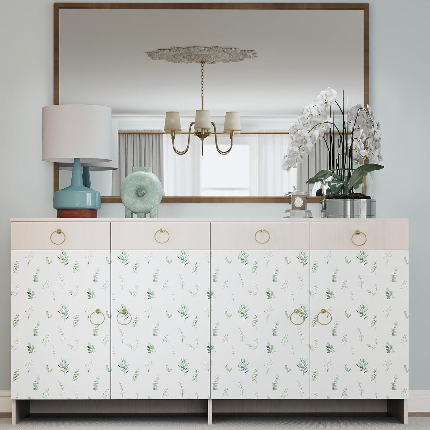 Peel and Stick Eucalyptus & Olive Leaf Wallpaper - White Green Removable Wall Mural, Self-Adhesive Contact Paper Wall Decor for Bedroom, Waterproof Vinyl Peel Stick Wallpaper Roll,17.3"x 78.7"