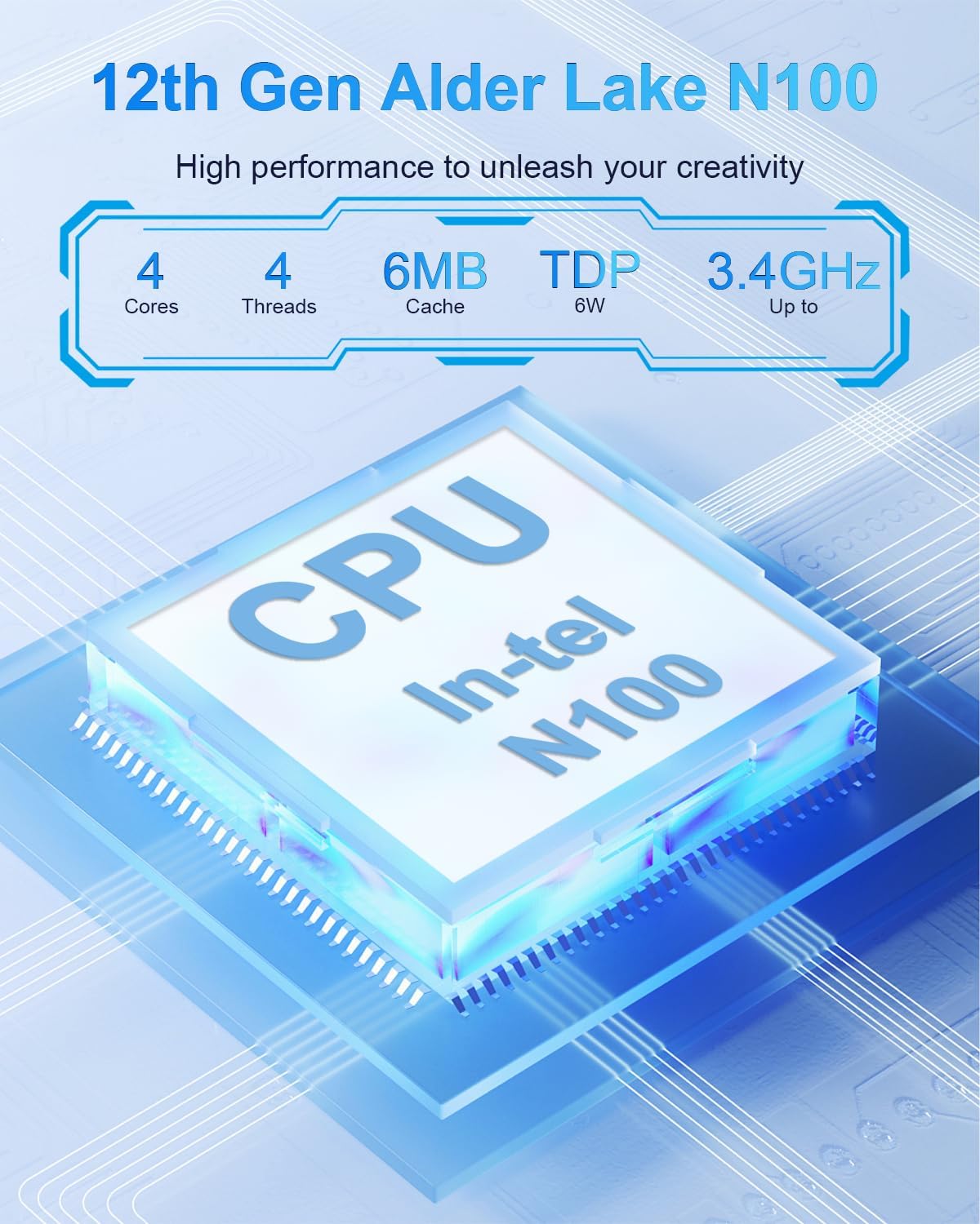Diagram highlighting the Intel N100 processor specifications: 4 Cores, 4 Threads, 6MB Cache, 6W TDP, up to 3.4GHz.