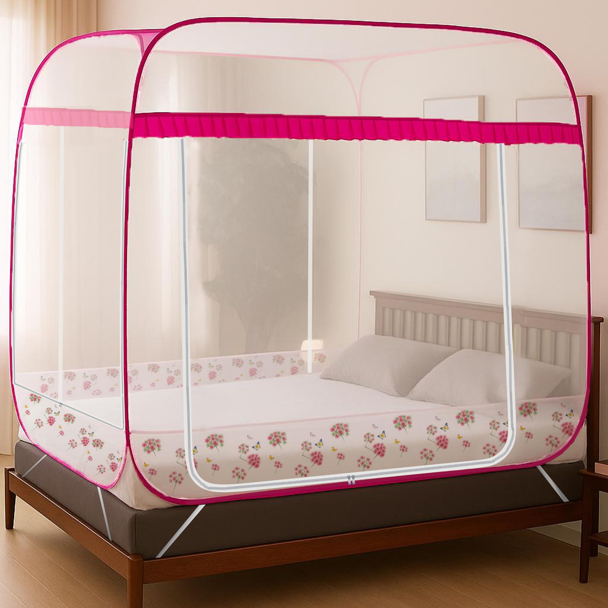 Classic Mosquito Net for Double Bed King Size Bed|Supreme Plus|Foldable Machardani with 3 Side Zipper Opening Doors & Mobile Pocket, Strong 30GSM Polyester Net, PVC Coated Steel Wire - Floral Pink