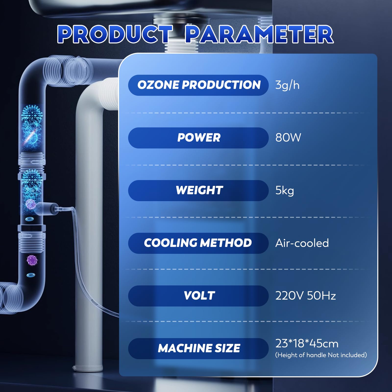 CGOLDENWALL Generador de Ozono para Lab/Industria con Piedra de Aireación y Tubo Guía de Flujo, Temporizador de 0-120 Minutos, Eliminación de Olores y Tratamiento de Aguas Residuales (100W 5g/h)