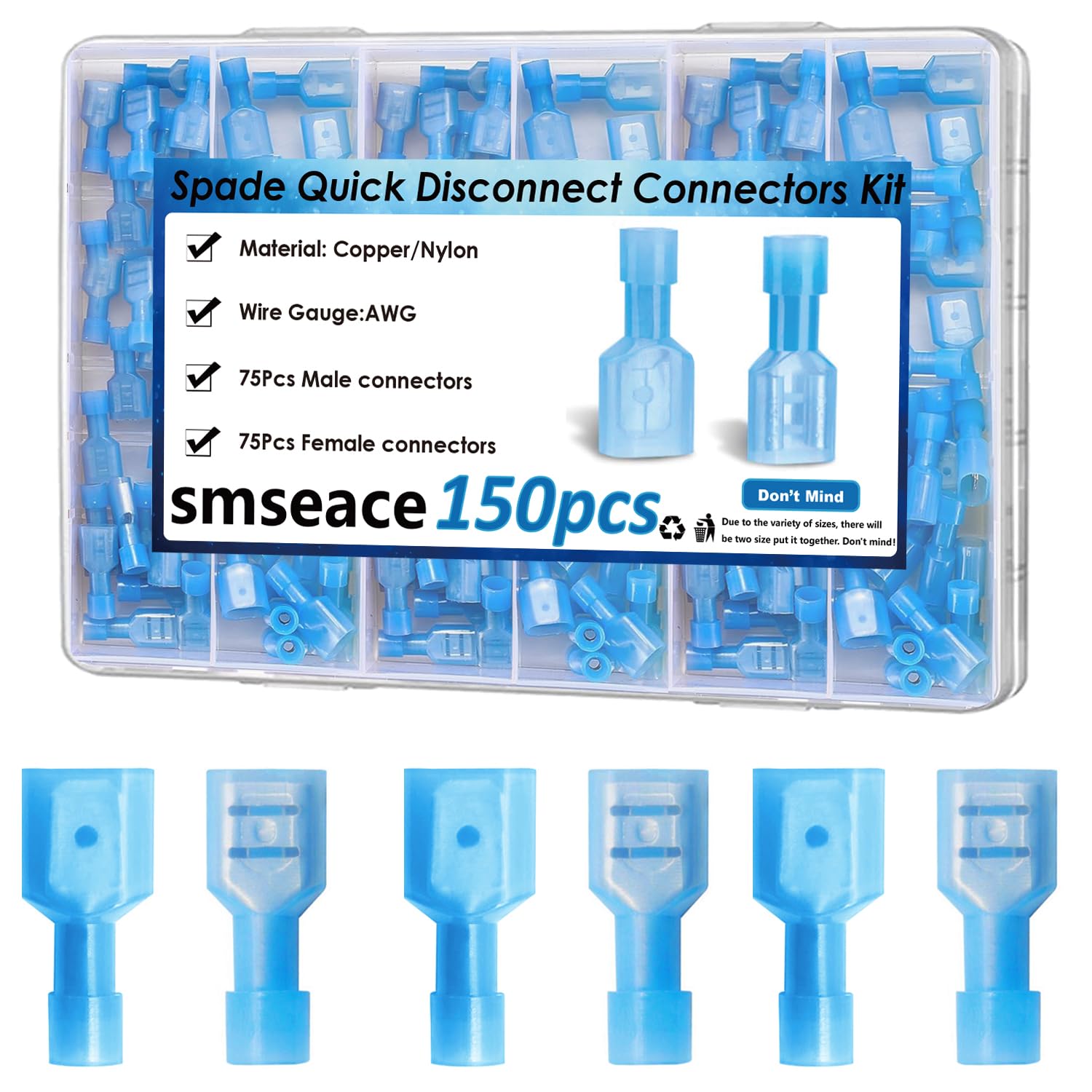 smseace 150Pcs Spade Quick Disconnect Connectors 16-14AWG Quick Connect/Disconnect Connectors for Auto,Boat,Industrial Application