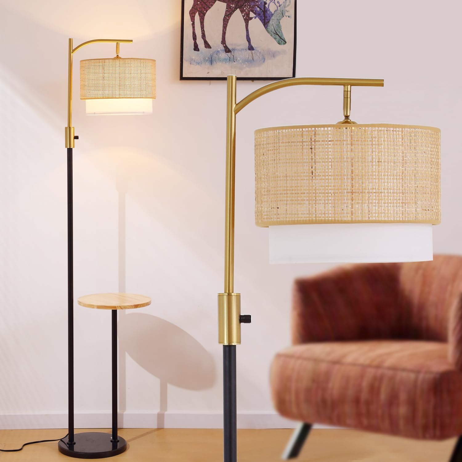 Dimmable Floor Lamp with Table and Marble Base, Arc Floor Lamp with Bulb, Boho Farmhouse Standing lamp with Fabric & Bamboo Shades for Living Room Bedroom