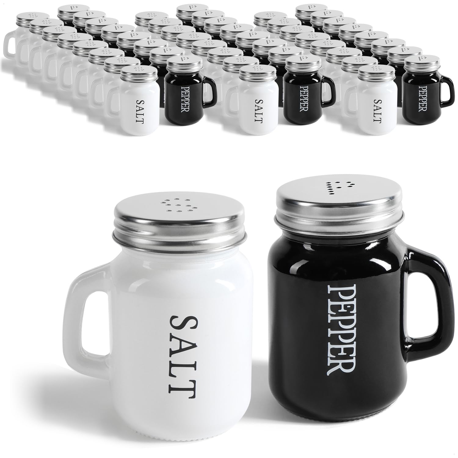 com-four® 48-teiliges Salz- und Pfefferstreuer-Set - Gewürzstreuer mit Schraubdeckel und Henkel - Gewürzglas in Bierkrug-Form mit Aufschrift - moderne Schüttler (48-teilig - Glas schwarz/weiß)