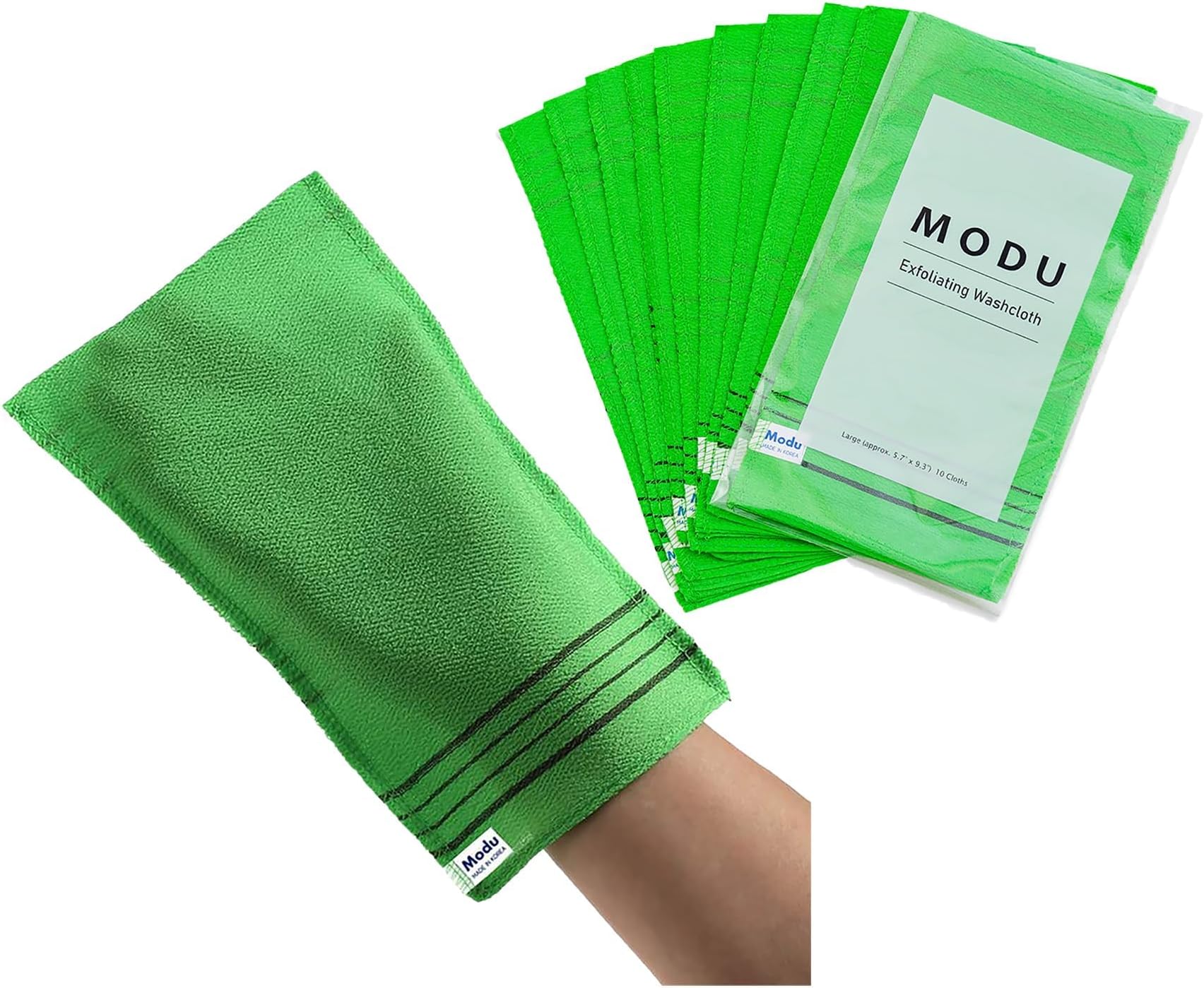 Korean Exfoliating Mitts Large 10PCS (Green) – Exfoliating Gloves Body Scrubber Italy Towel Washcloth for Korean Spa at Home, Dead Skin Remover, 100% Vegan Viscose