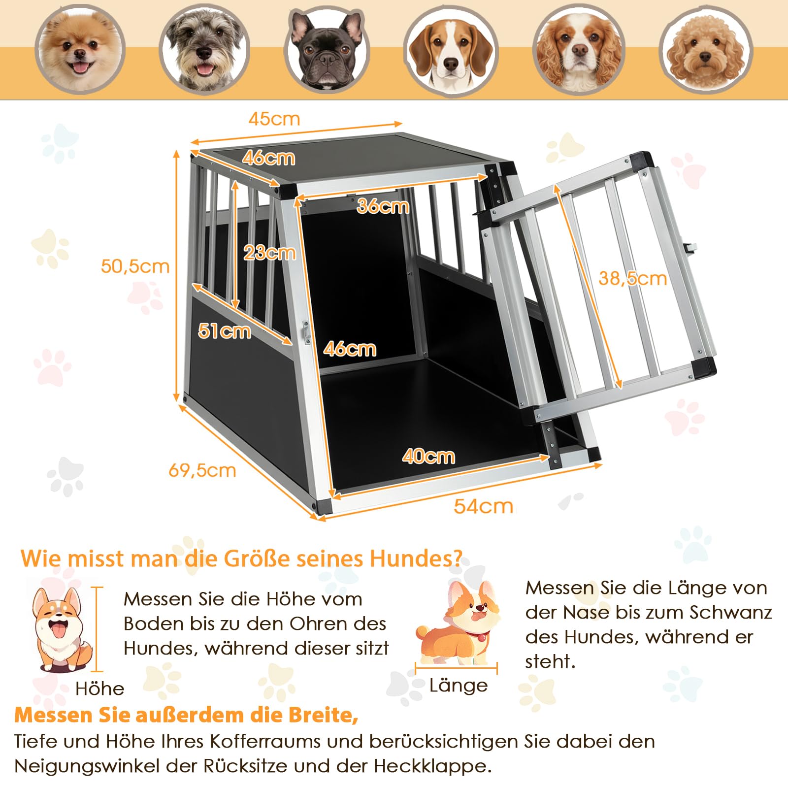 GYMAX Hundebox Auto, Transportbox Hund mit Sicherheitsverschluss, leicht & stabil, Alu Hundetransportbox für Kofferraum, Rückbank & Zuhause (69,5 x 54 x 50,5 cm)