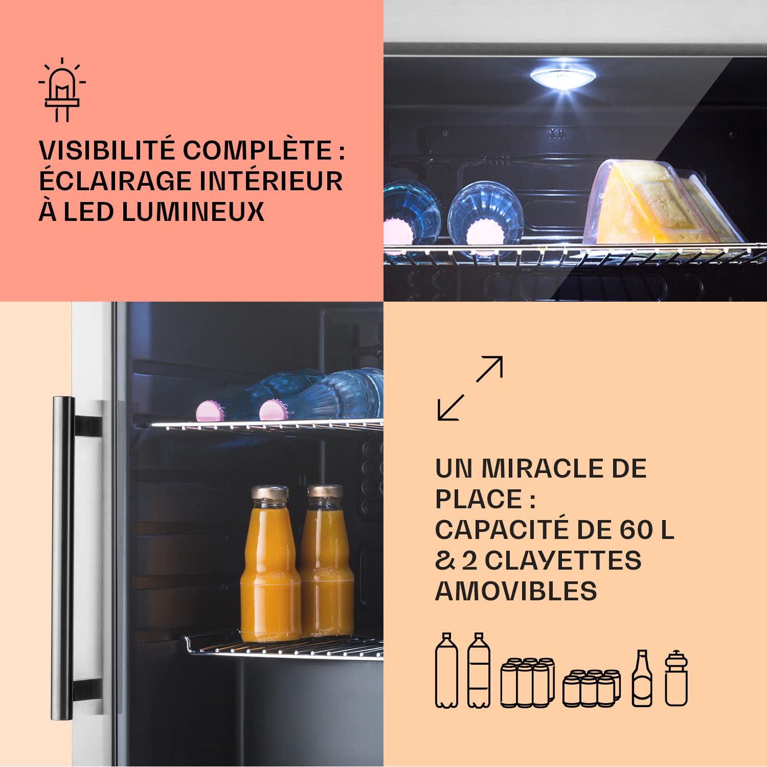 KLARSTEIN Mini Frigo de Chambre et Bureau pour Boisson, Petit Frigo Silencieux, Refrigerateur Mini Bar 60L, Petit Réfrigérateur Camping, Étagères Réglables pour le Vin, Cannette, Beer Fridge - 4