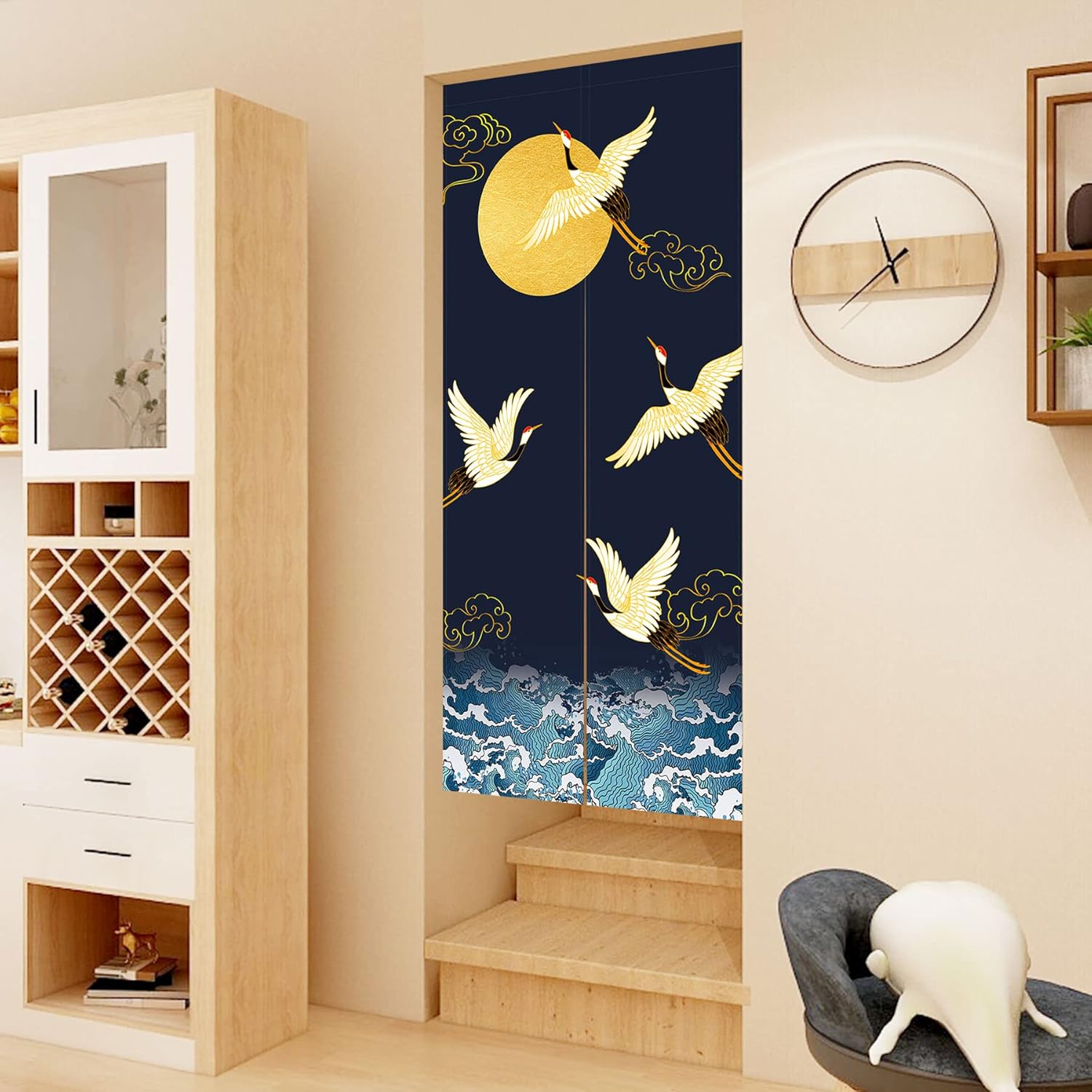 LIGICKY Noren Doorway Curtain Japanese Style Cranes Waves Gold Full Moon Printed Cotton Linen Window Treatment Door Tapestry for Home Decoration 33.5" Width x 70.9" Long, Navy Blue