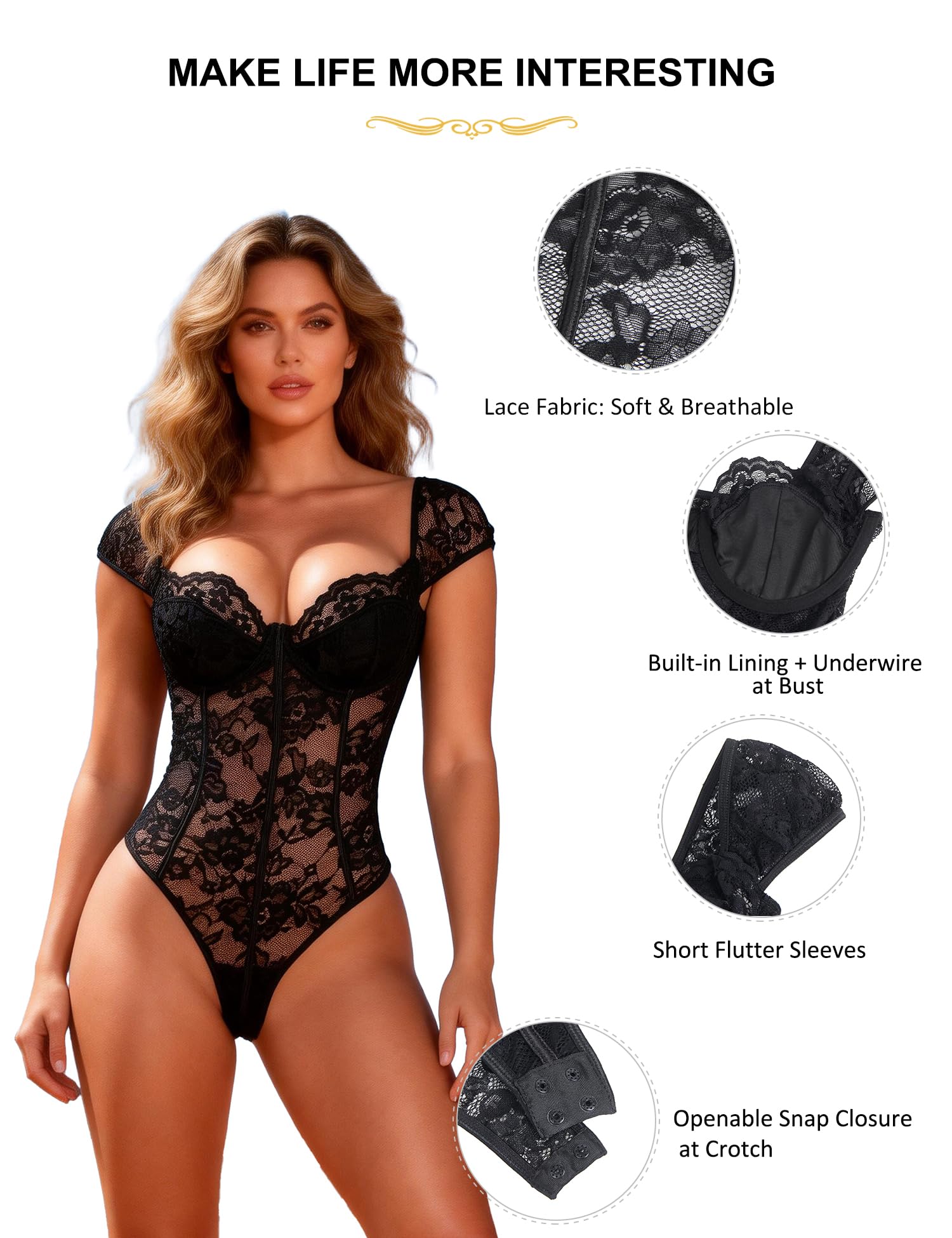 ohmydear Body Femme Dentelle avec Armature Grandes Tailles Lingerie Sexy Col Carré Dos Nu Teddy Nuisette Tenue Hot Jumpsuit Transparent sous-vêtements