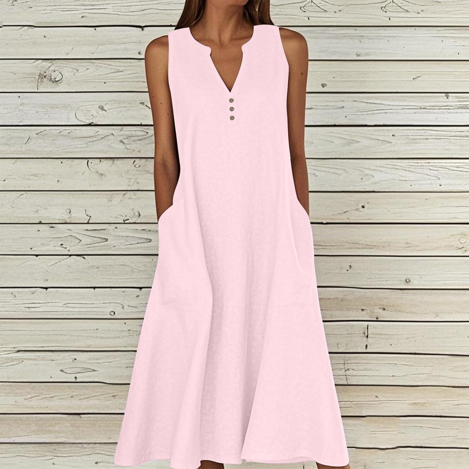 Women's Summer Maxi Dress Casual Cotton Linen Sleeveless Dresses Flowy Loose Button Vacation Sundress with Pockets