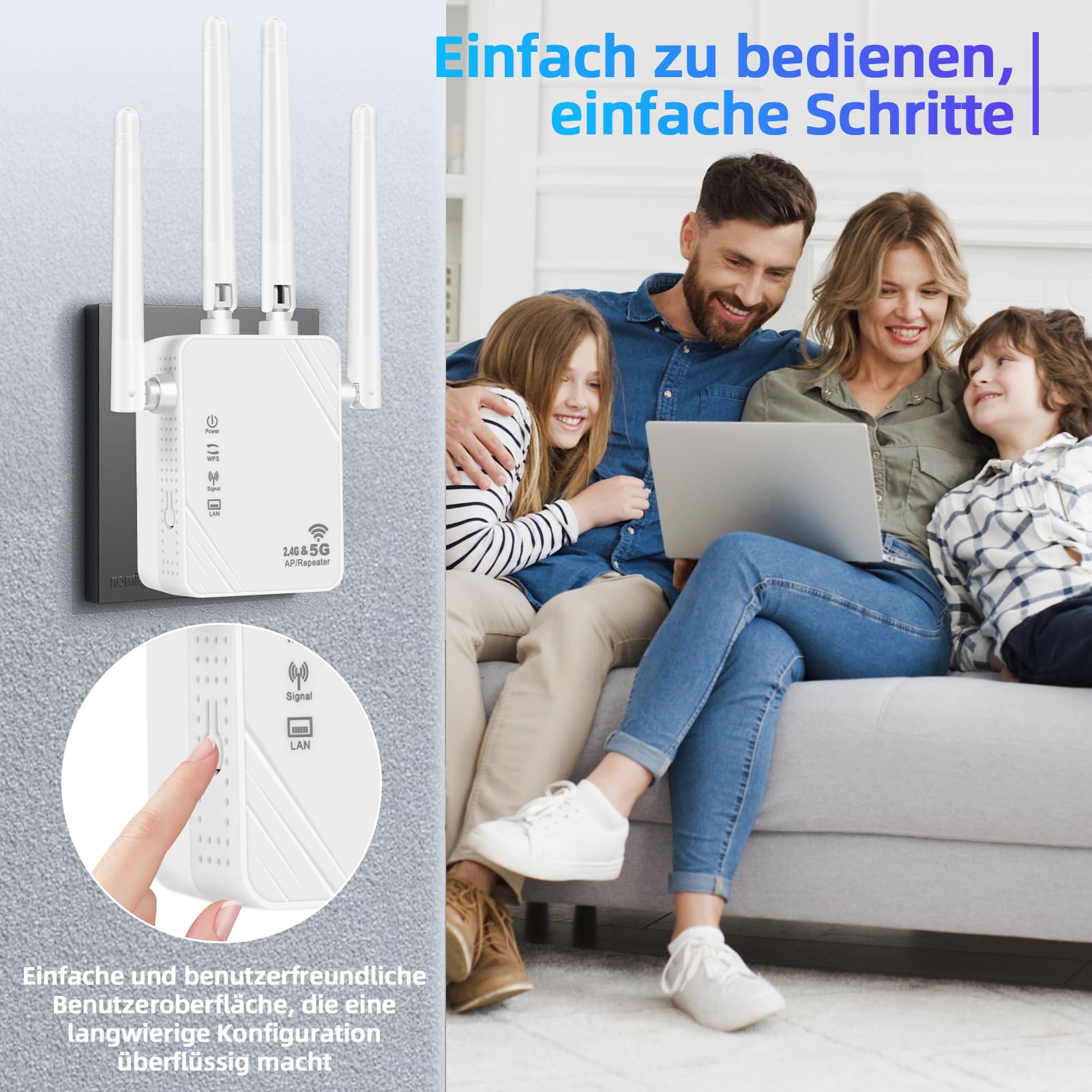 Amplificateur Wi-Fi, répéteur Wi-Fi 1200 Mbit/s, double bande 5G et 2,4 G, amplificateur WiFi ultra extensible avec port LAN, WPS, compatible avec 99 % des routeurs WiFi standard, couvre jusqu'à 9200