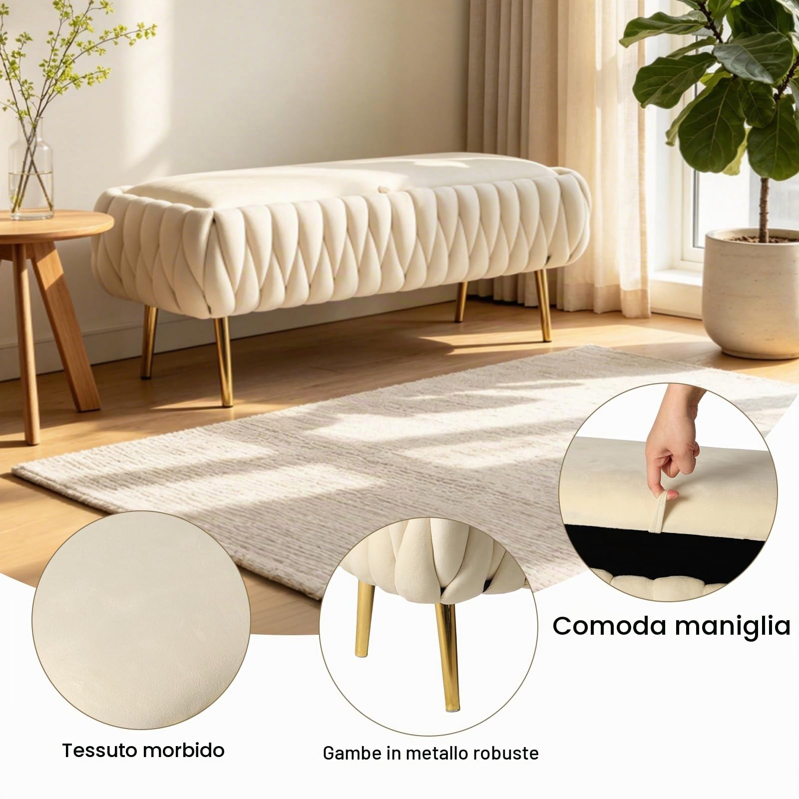 Panca Contenitore Ingresso, Panca Camera da Letto in Velluto con Gambe in Metallo, Portata 300 Kg, Panca Fondo Letto Moderna per Ingresso, Corridoio e Soggiorno 105 X 44 X 44 CM (Beige)