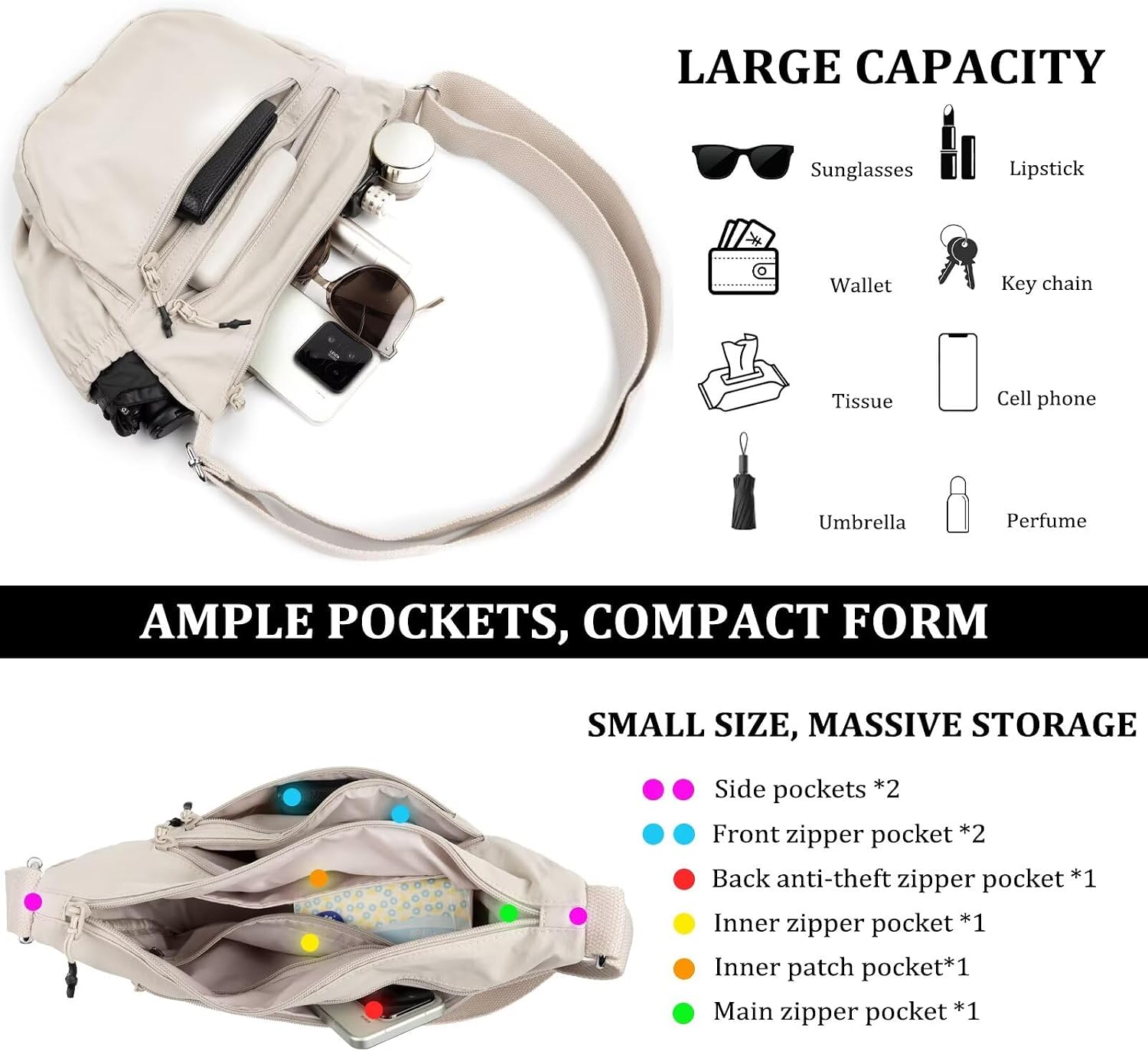 Multi-Pocket Nylon Crescent Crossbody Bag for Women,Sling Trendy Lightweight Medium Hobo Shoulder Bag with Adjustable Strap