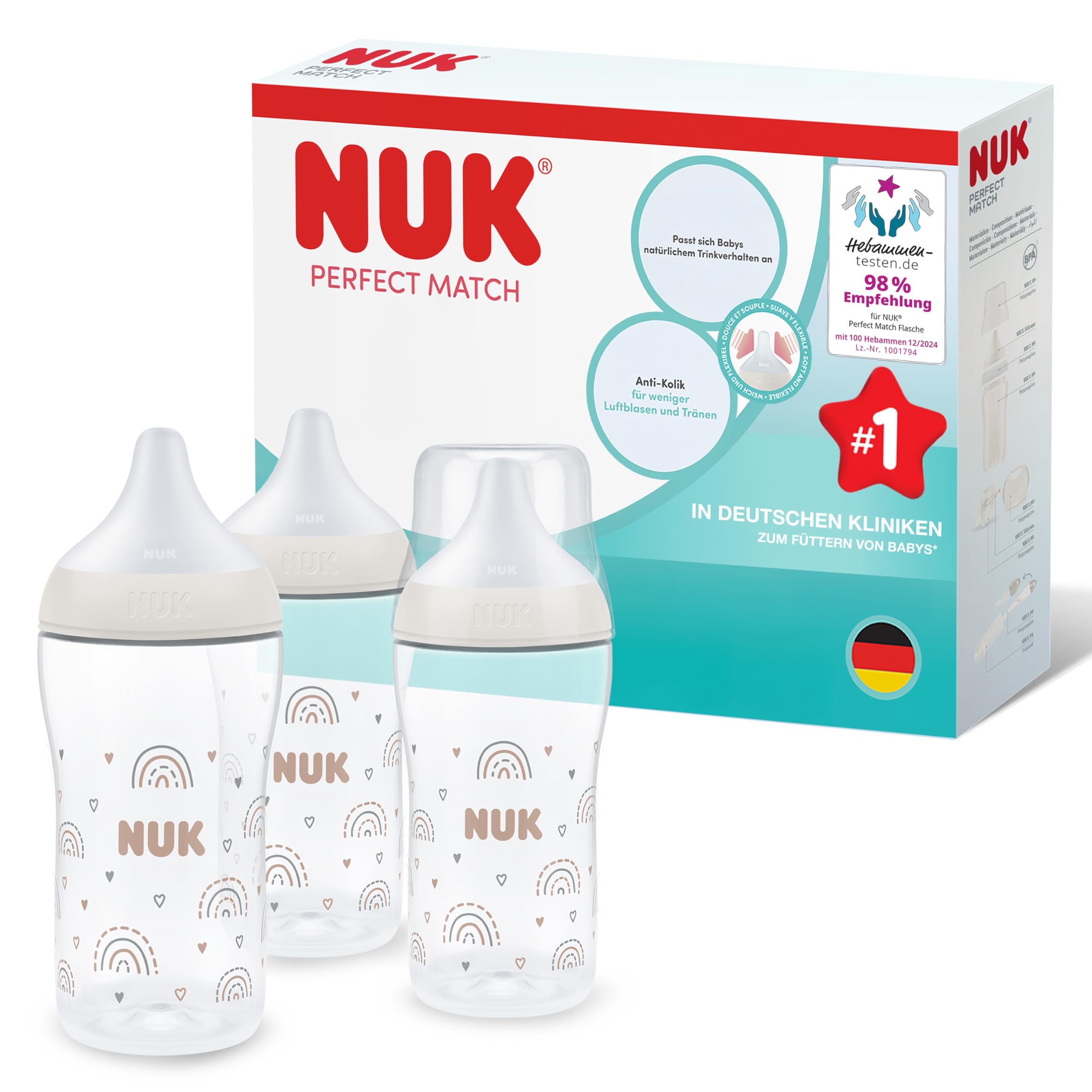 NUK Perfect Match Babyflaschenset | Ab 3 Monate | Passt sich dem Baby an |Temperature Control | Anti-Colic | 260 ml | BPA-frei | Silikontrinksauger, Medium | Regenbogen | 3 Stück