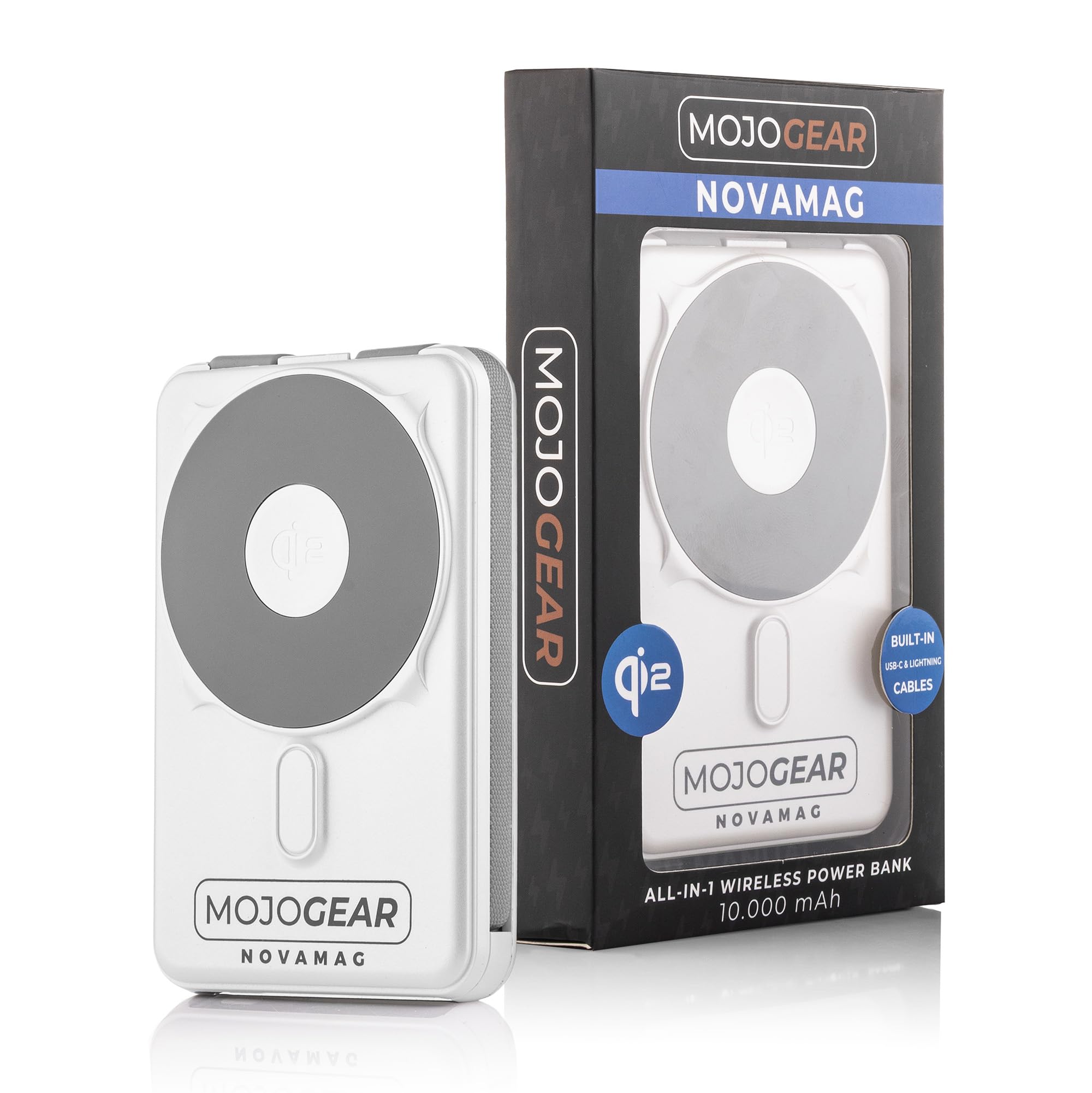 MOJOGEAR NovaMag Batterie externe tout-en-1 10 000 mAh – Charge sans fil Qi2 super rapide – Avec câble USB-C et Lightning – Compatible avec iPhone et Samsung – Batterie externe Mag Safe – Affichage