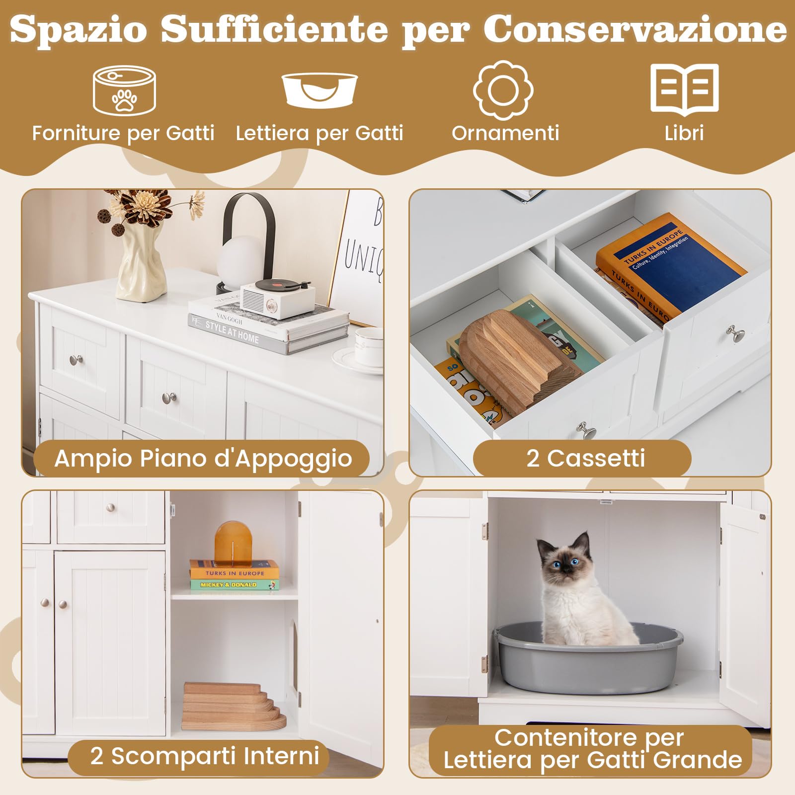 COSTWAY Lettiera Nascosto per Gatti con 2 Cassetti e 3 Porte, Bianco | Mobile Laterale per Gatti con Dispositivi Anti-Ribaltamento e Armadio Moderno per Animali Domestici