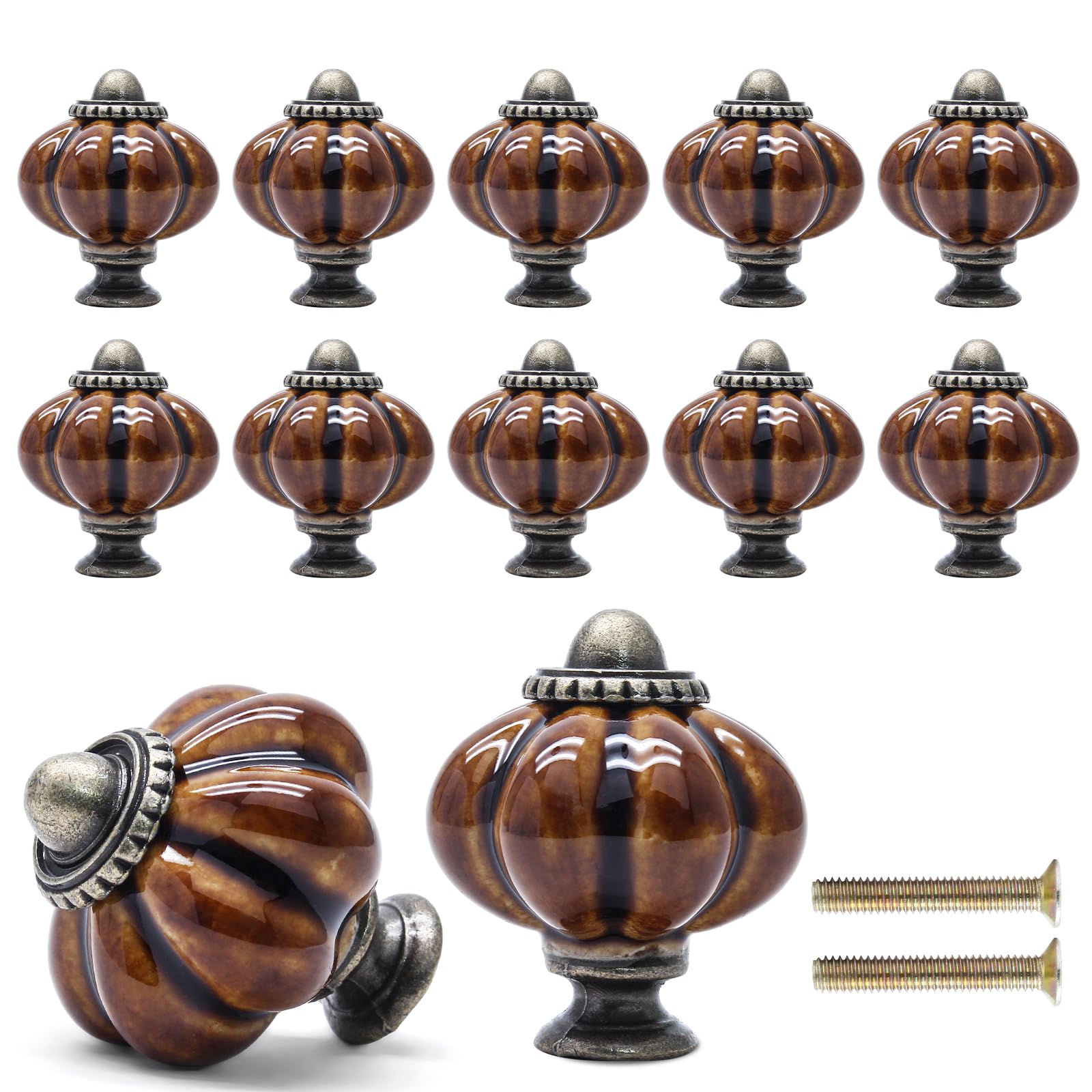Confezione da 12 pomelli in ceramica marrone a forma di zucca, per armadietti, cassettiere, vintage, per mobili da toletta e armadio