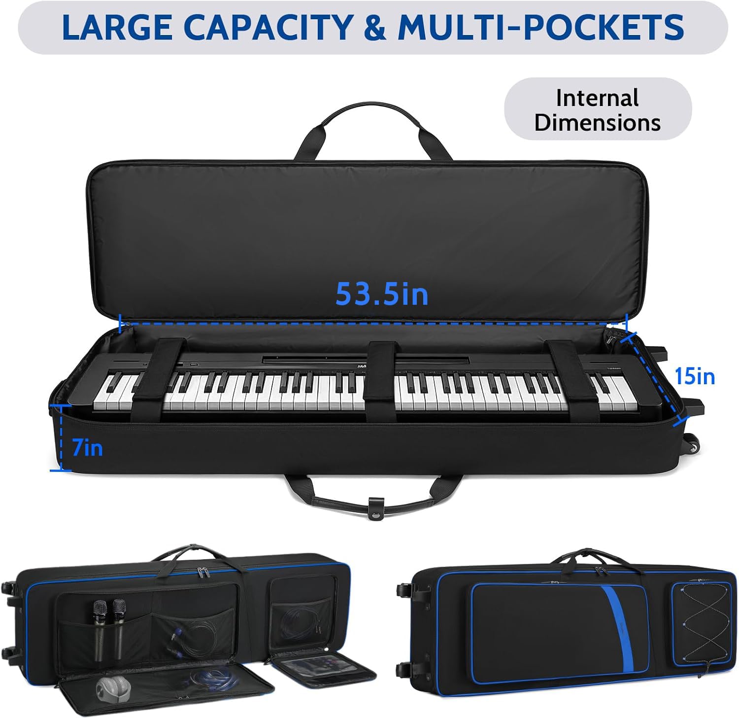 BOSSTIN 88-Tasten-Keyboard-Tasche mit Rollen, Innenmaße: 135,9 x 38,1 x 17,8 cm, wasserdicht, gepolstert, Rolling Gigbag, Keyboard, Klaviertasche für 88 Tasten Klaviertastatur (blau)