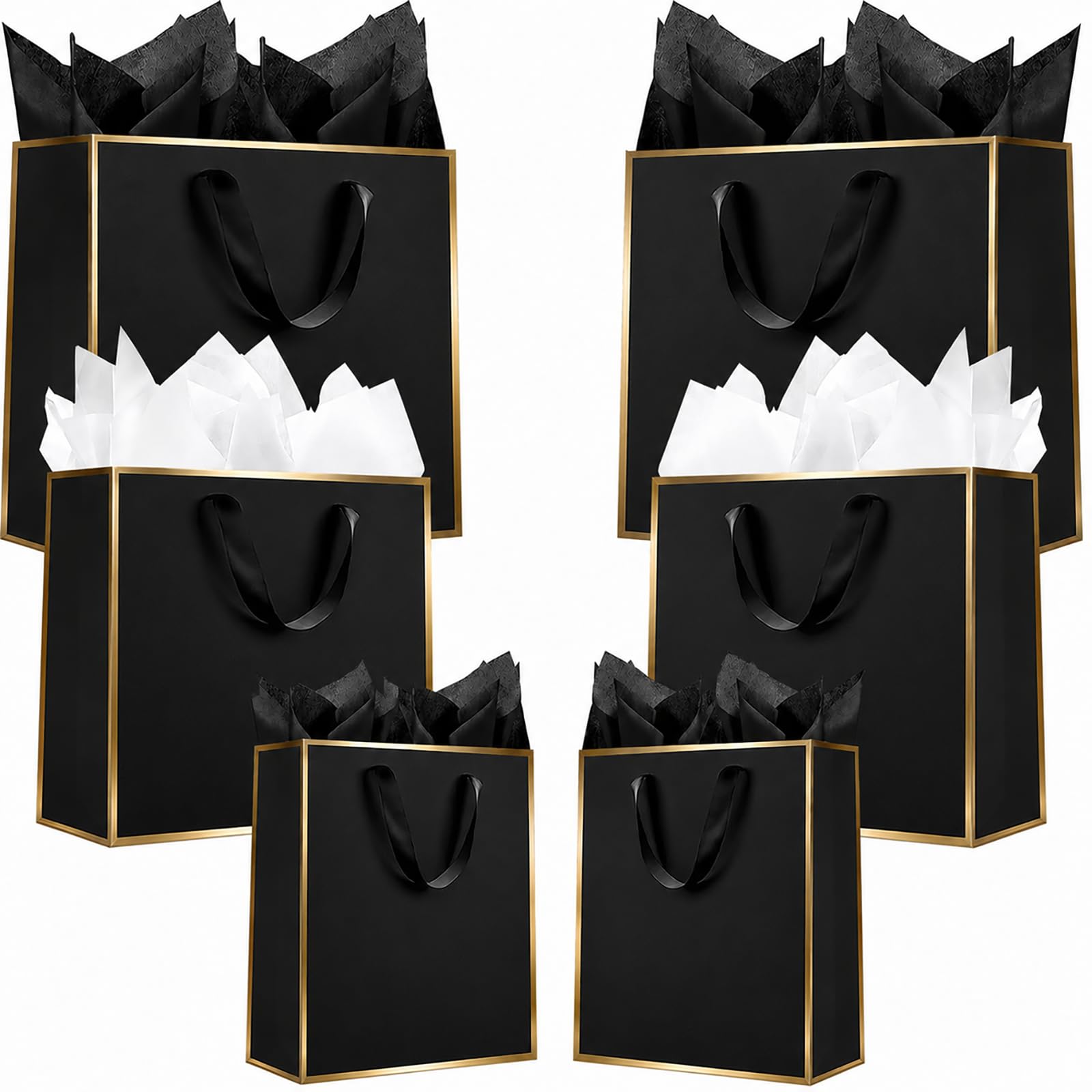 Offizon 12 Pcs Black Gift Bags, Gift Bags with Gold Framem, (4 Small 6", 4 Medium 8.7", 4 Large 12.6"), Paper Bags with Tissue Paper for Birthdays and Holidays