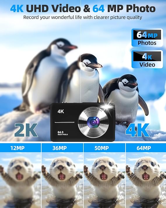 4K Digital Camera for Photography, 64MP Autofocus Vlogging Cam for YouTube, Anti-Shake, 2.83'' LED Screen, 18X Zoom, Point and Shoot Digital Camera for Teens Adult Beginner (Master 5)