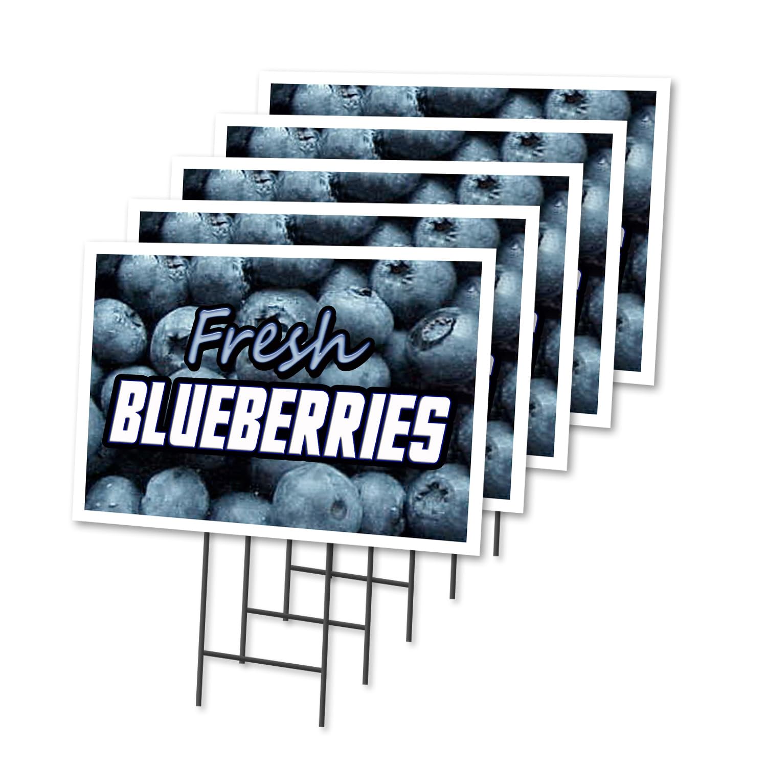 Fresh Blueberries 5 Pack of 12" x 16" Yard Sign & Stake Outdoor Plastic Window | Advertise Your Business | Stake Included Image On Both Sides | Made